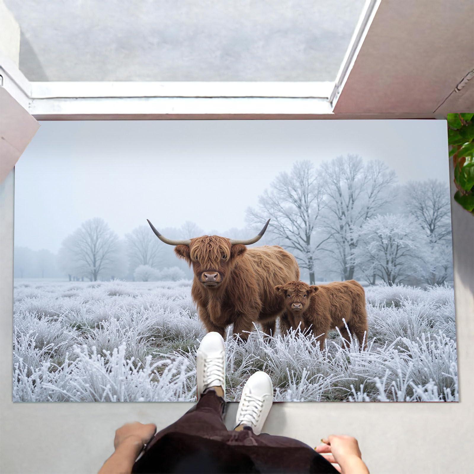 Zerbino Trappola Sporco Paesaggio Invernale Animali, 90X150Cm, Tappetino Antiscivolo Lavabile Campo Innevato Bovini Highlands, Zerbino Interno Morbide Assorbenti Per Corridoio Ingresso Porta, Bianco