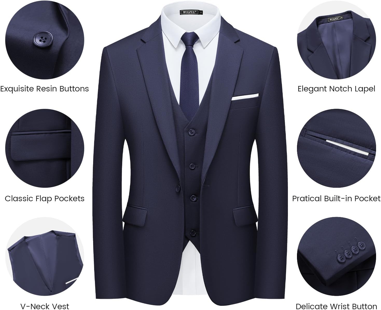 WULFUL Men’s Slim Fit Suit One Button 3-Piece Blazer Dress Business Wedding... - Picture 50 of 257