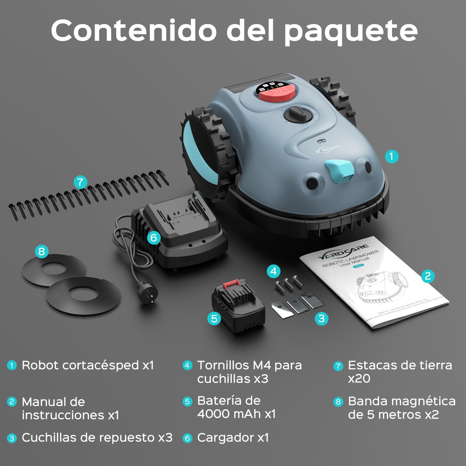 YARDCARE V100 Robot Cortacésped, con Navegación Visual por IA, sin RTK, sin Señal Perdida, 150 Obstáculos, con Cintamagnetica, Cuchillas de Repuesto, Adecuado para Jardines Pequeños