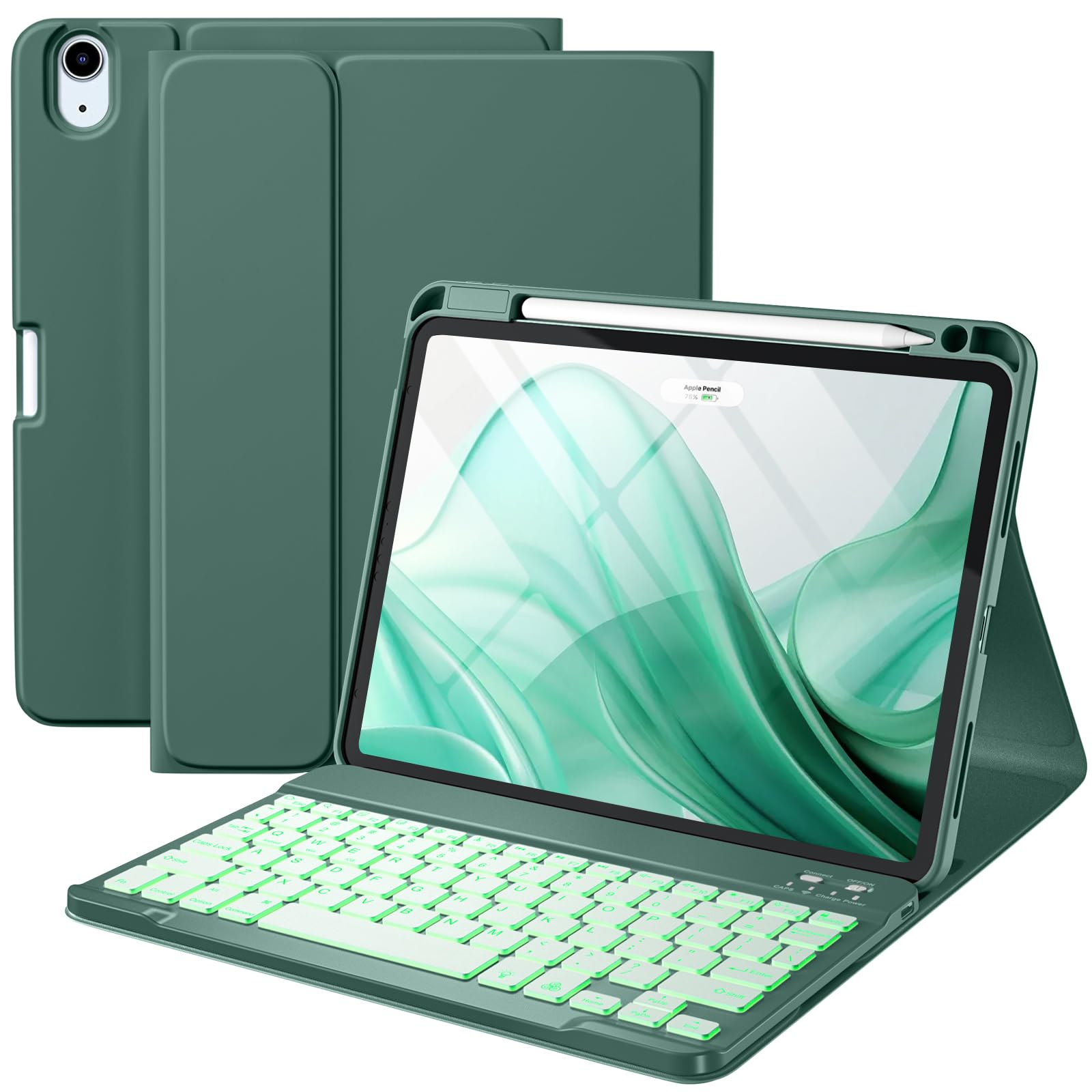 Compatible for iPad Air 11-inch/ 10.9" Air 5th 4th Generation Case with Keyboard - Backlit Detachable, Folio Cover with Pencil Holder for iPad Air 11 Inch M3/M2, Air 5/ Air 4 (Pine Green)