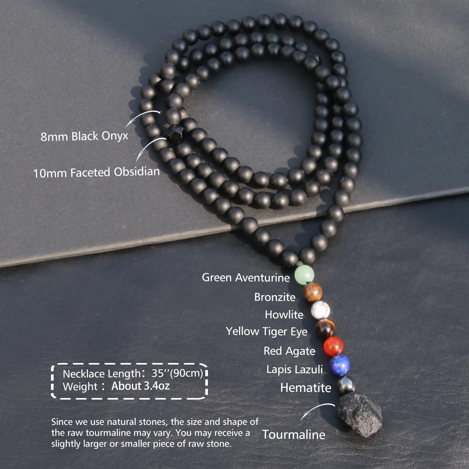 7 Chakra Beaded Necklace for Men Women - Raw Black Tourmaline Crystals 108 Mala Beads Necklace, Handmade Spiritual Prayer Meditation Jewelry Unique Christmas Gifts for Him - Image 3