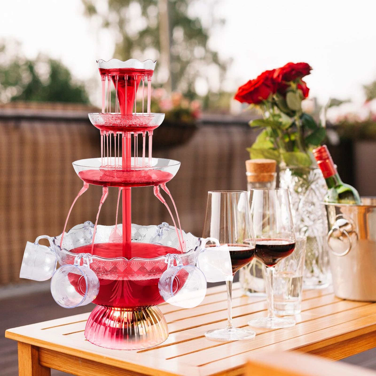 3 Stufiger Klarer Partybrunnen, Getränkebrunnen Party mit 5 Stück Wiederverwendbaren Bechern, LED-Beleuchteter Sockel, Saft Und Weinbrunnen Trinkbrunnen für Kneipen, Hauspartys und Geburtstagsfeiern