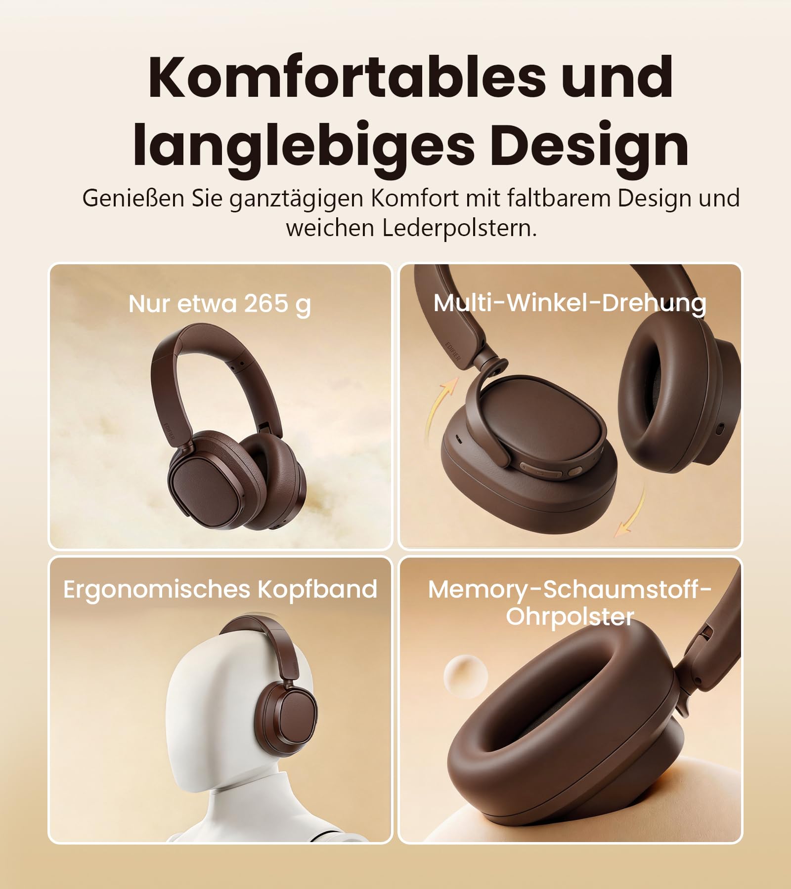 Edifier ES850NB Kabellose Over-Ear-Kopfhörer mit Geräuschunterdrückung, Hi-Res Audio Wireless, LDAC, 92h Spielzeit, Bluetooth 5.4 & Multipoint, KI-Anrufgeräuschreduzierung, Faltbar – Braun