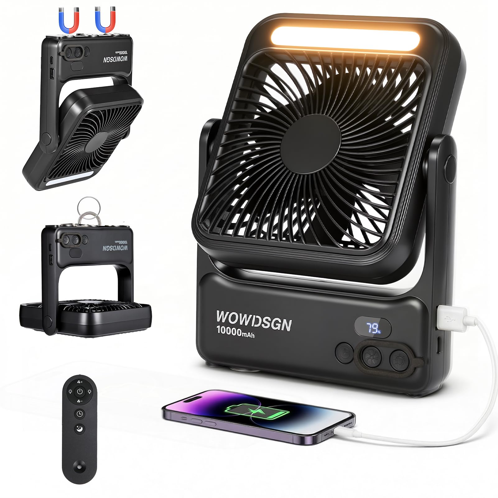 WOWDSGN Ventilateur portable, 10000 mAh Rechargeable Batterie, avec Télécommande, Fixation Magnétique et Suspendue, 4 Vitesses, Timing, Rotation 135°, Pour Camping, Bureau (Noir, Éclairage LED)