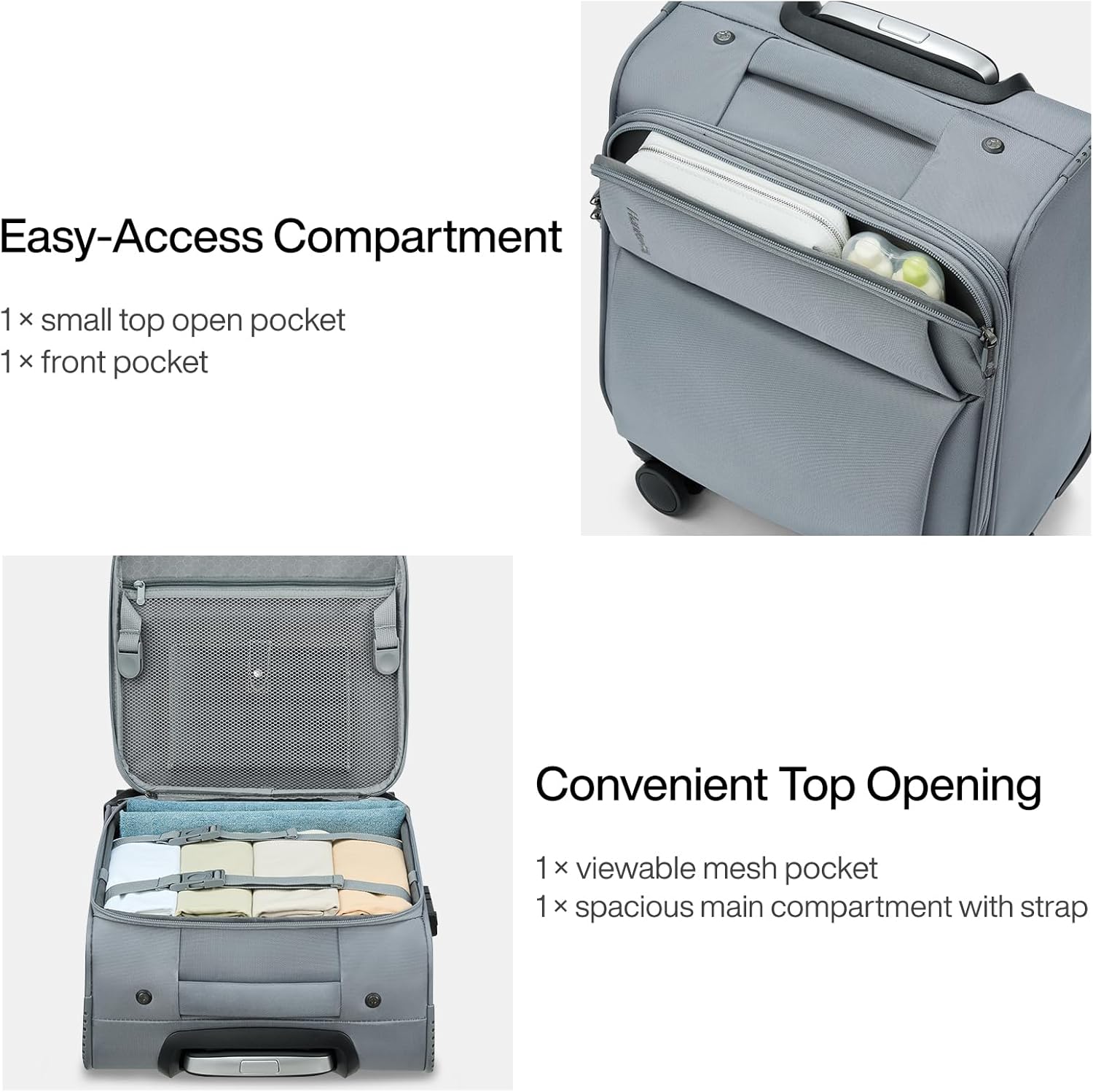 Hanke 16 Inch Underseat Carry On Luggage with Spinner Wheels for Airline, Small Softside TSA Approved Luggage Lightweight Rolling Suitcases Under Seat Travel Carry-On Bag(Grey) - Image 6