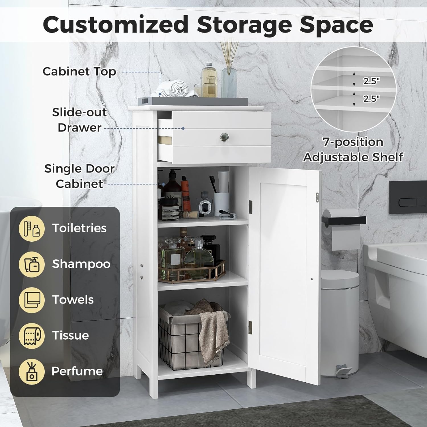 MAT EXPERT Small Bathroom Storage Cabinet, Free-Standing Storage Organizer Unit with Drawer & 3-Level Adjustable Shelves, Anti-Toppling Device, Bathroom Floor Cabinet for Living Room, Entryway (White)