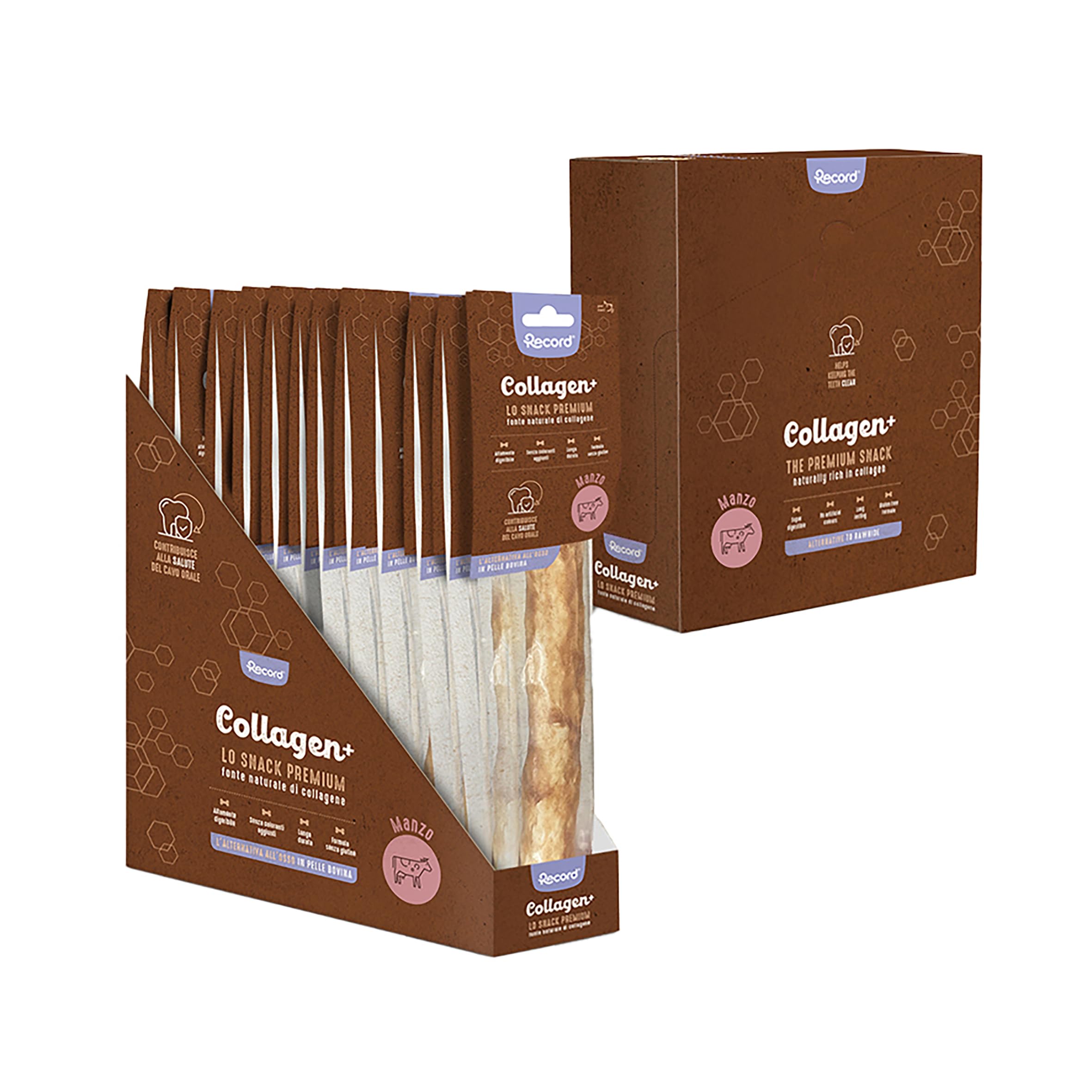 Record - Snack Premium para Perros Collagen+ Sabor Carne de Vaca. Troncos con Alto Valor proteico.Masticativos para Perros Ricos en colágeno. Sin colorantes, Paquete de 12 Bolsas de 84 g