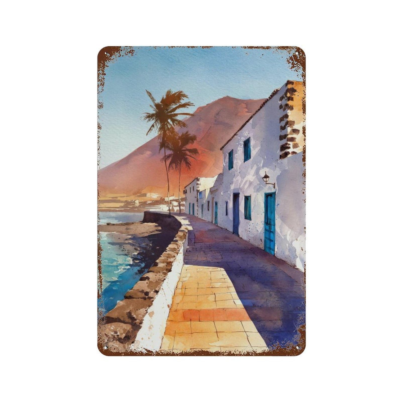 xiaoxiaoshen Lanzarote Canary Islands Watercolor Travel Coastal Wall Decor Art Metal Tin Poster Modern Home Decor Art Home Bar Shop Decorations Vintage Sign 30x20cm