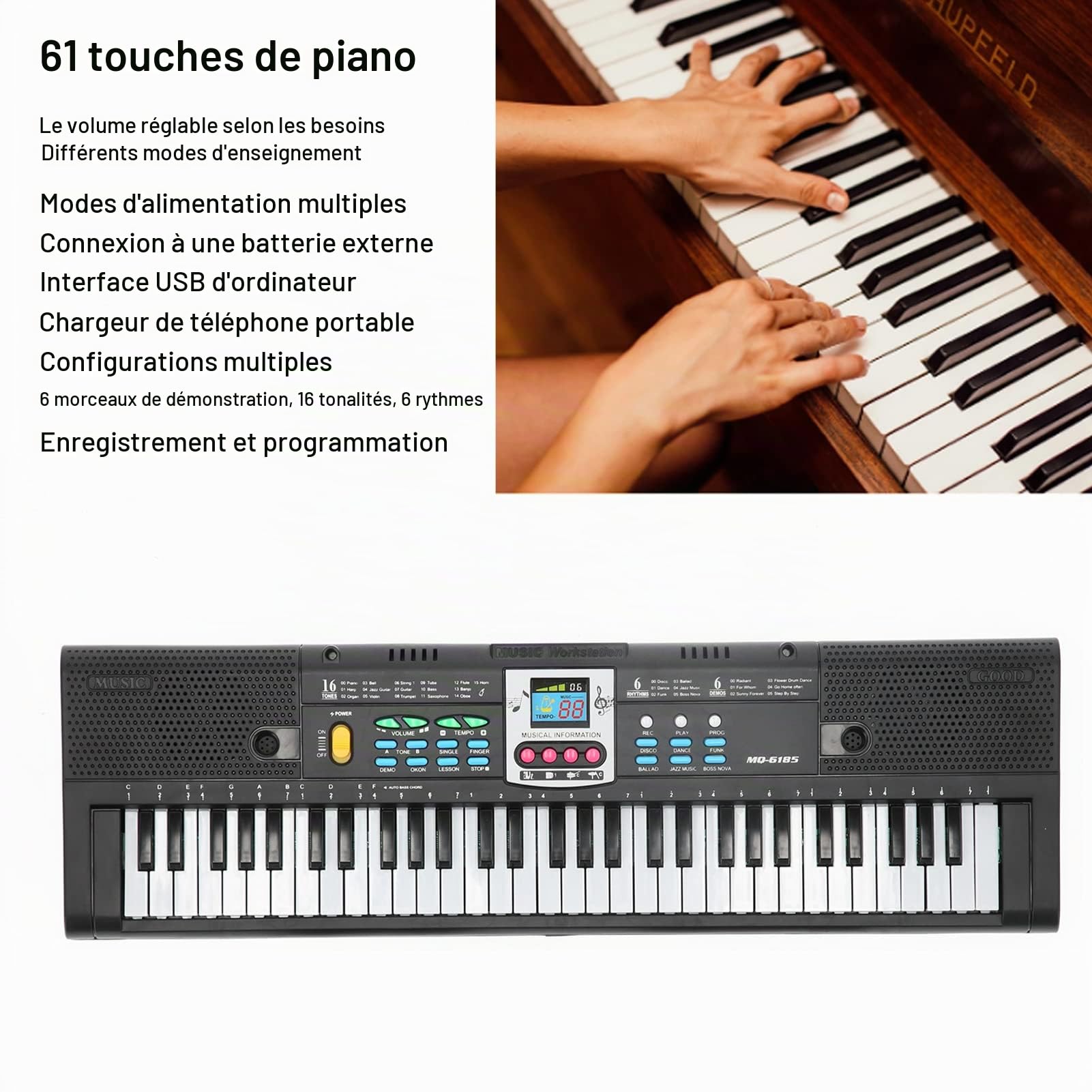 Piano électrique 61 Touches pour les Débutants avec des Caractéristiques Microphones et Polyvalentes