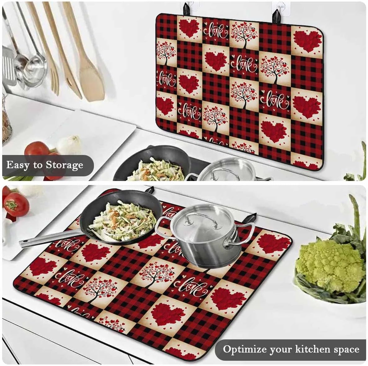 Stove Cover, Stove Top Covers for Electric Stove, Valentine's Day Red Love Heart Retro Plaid Large Cooktop Cover Protector Heat Resistant Foldable Rubber Anti-Slip Mat for Glass Stove Top 28.5"x20.5"