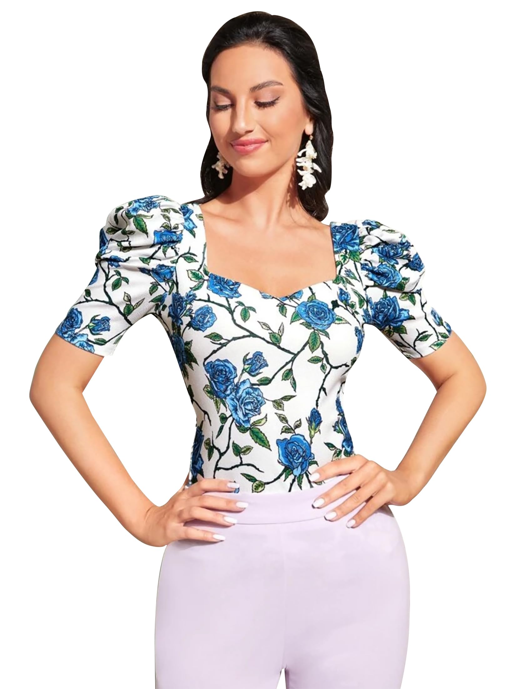 Dream Beauty Fashion Women's Polyester Puff/Baloon Sleeves V-Neck Casual Top (Top-Rummy-01-Blue -XS)