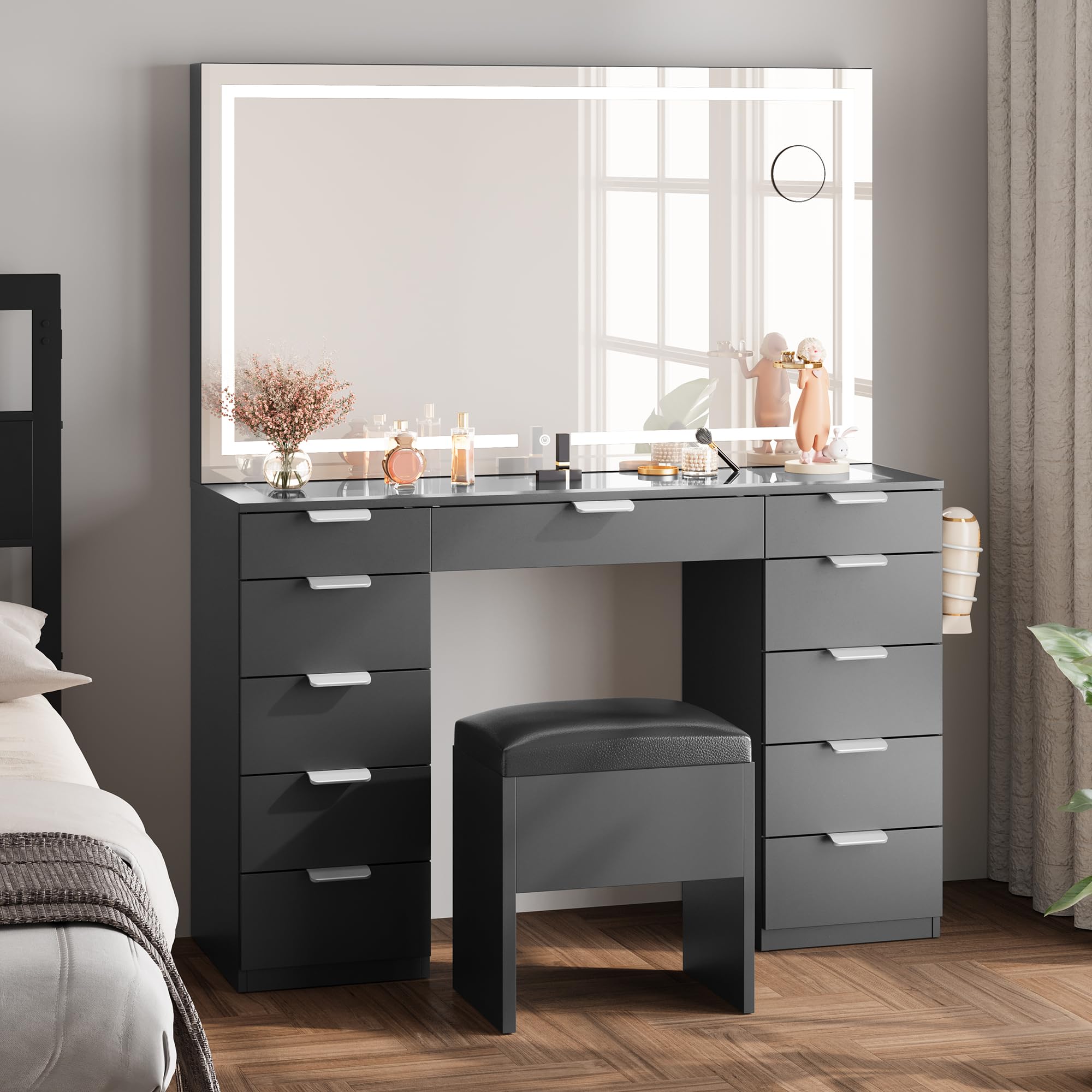Cyclysio Schminktisch-Set Mit Spiegel & Hocker – 91,4 Cm, 2 Holzschubladen, Beleuchtung, Steckdosen, Schwarz