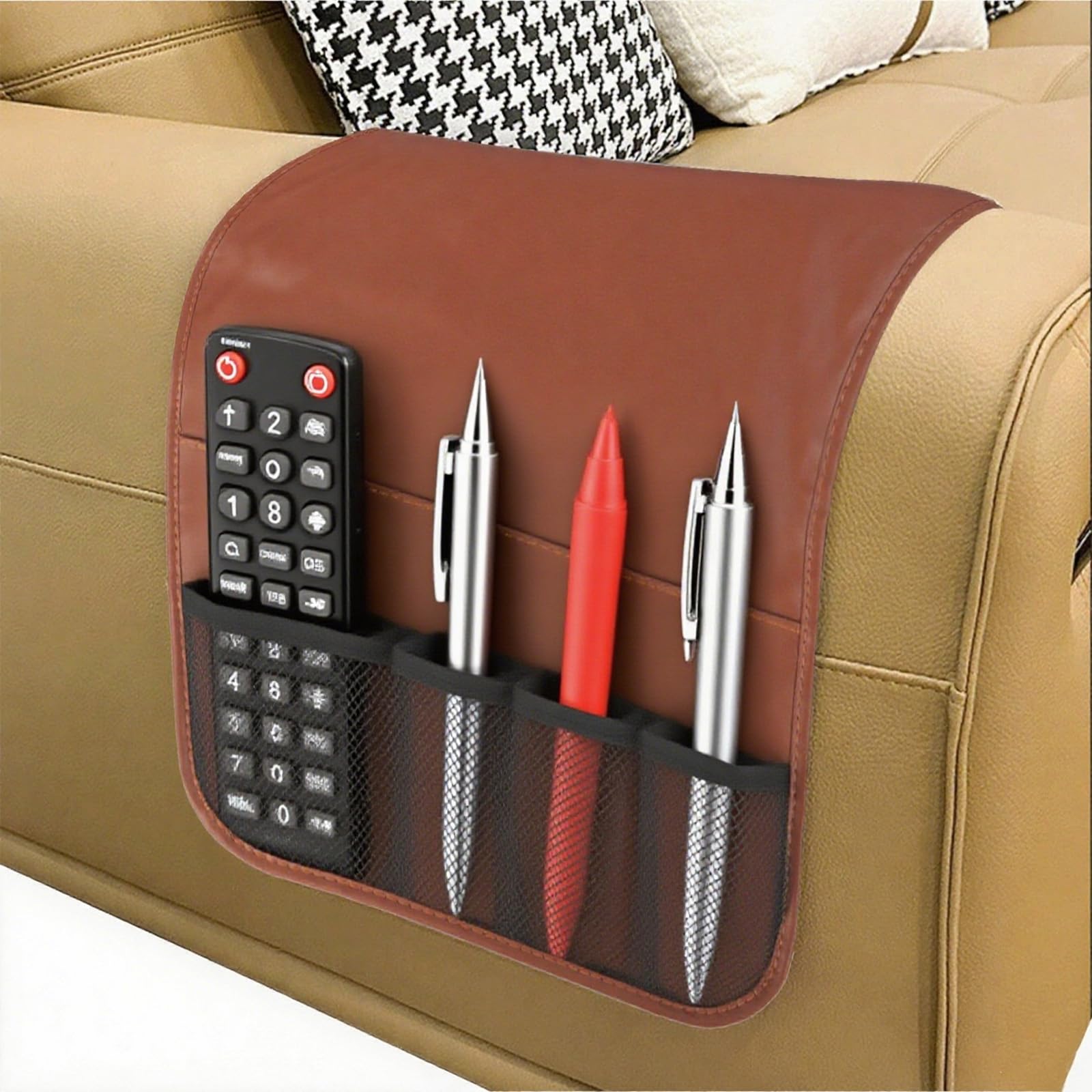 FakeFace Sofa Armchair Organiser Non Slip Leather Couch Armrest Caddy Bedside Hanging Pouch Sofa Arm Tray Organizer with 5 Pockets for TV Remote Holder Magazines iPad Phone