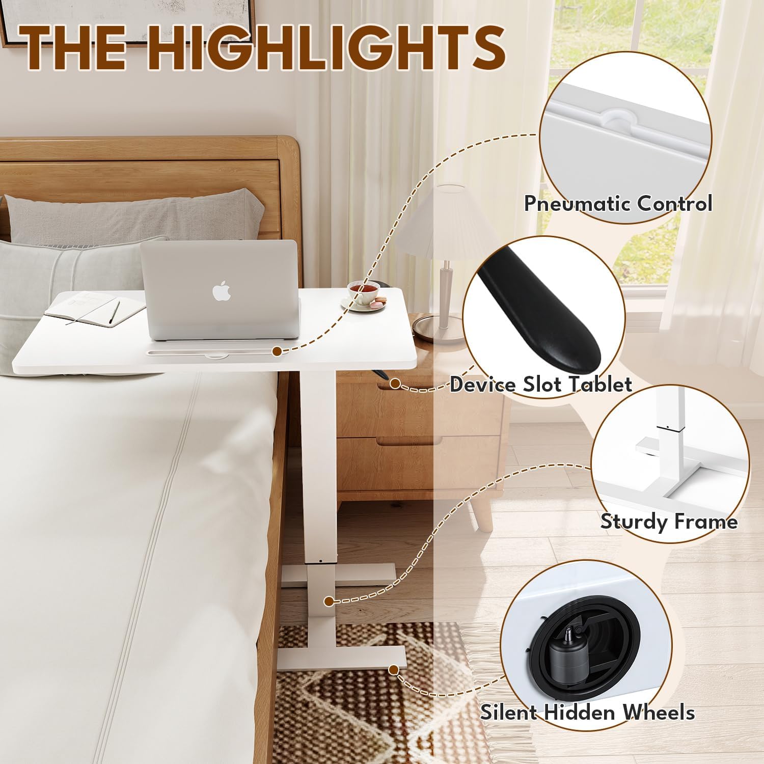 Big Big 32" W x 16" D Fixed Desktop Overbed Table with H-Shaped Sturdy Base, Stable Metal and 360° Concealed Casters, Moveable Bedside Desk for Home,Office,Hospital Use (White)