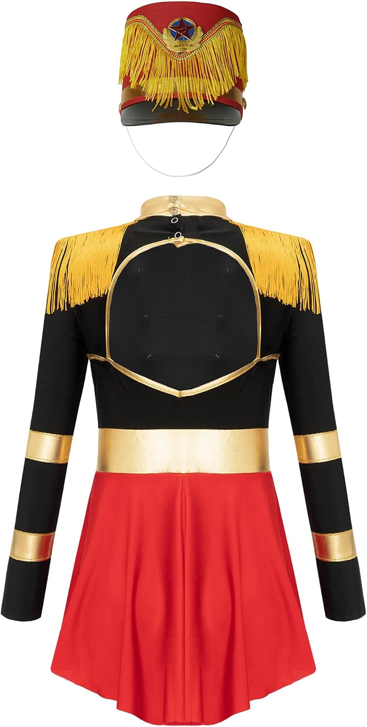 Kids Girls Marching Band Drummer Uniform Circus Ringmaster Jumpsuit with Hat for Performance