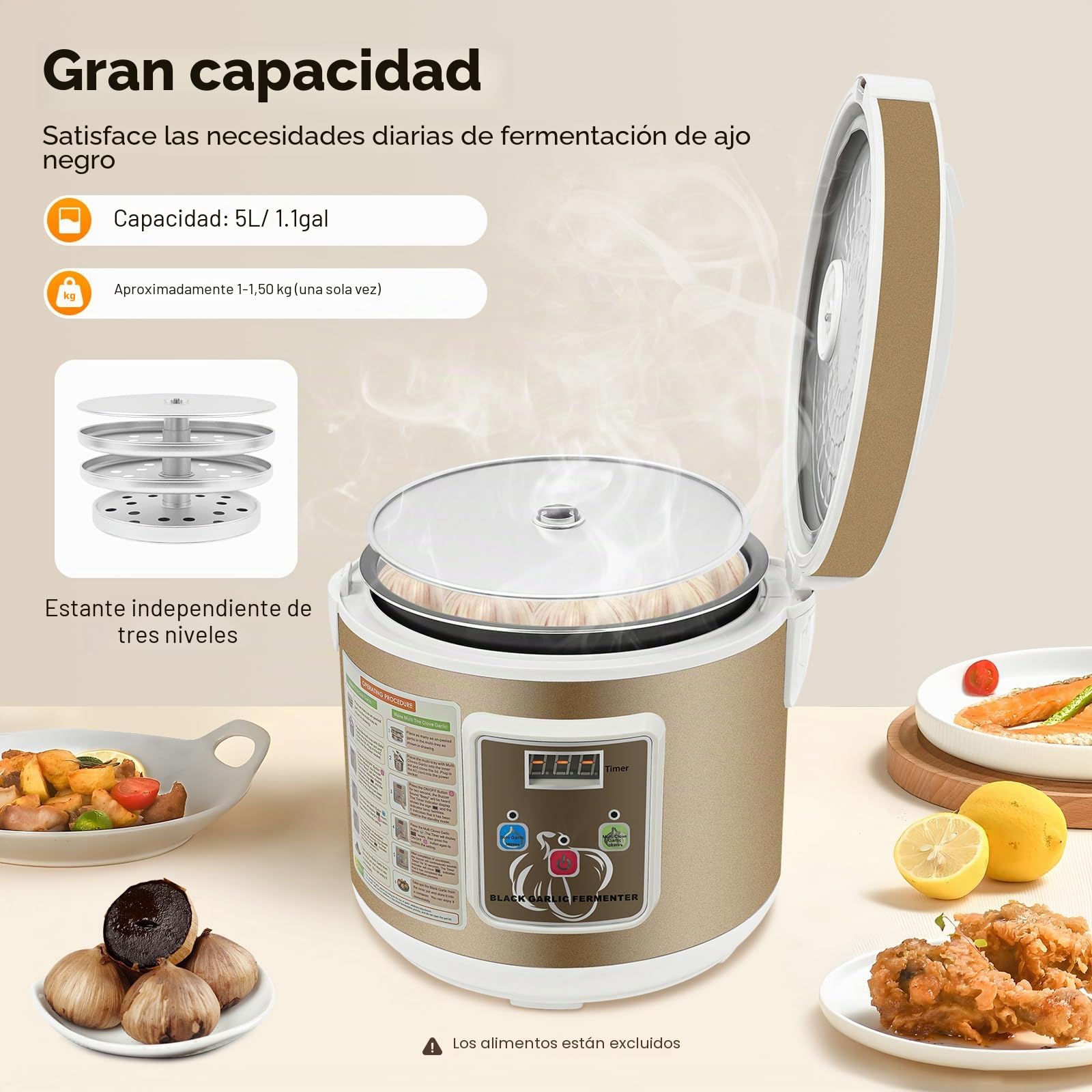 Prensa de ajo, 5 L, control inteligente, máquina de fermentación de ajo, tapa aislante de doble capa, mango y botón convenientes, para la familia y los profesionales