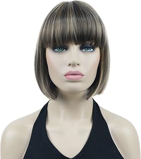 Lydell 8" Straight Short Bob Wigs Heat Resistant Synthetic Hair Flat Bangs Cute Central Dot Skin (L8-124)