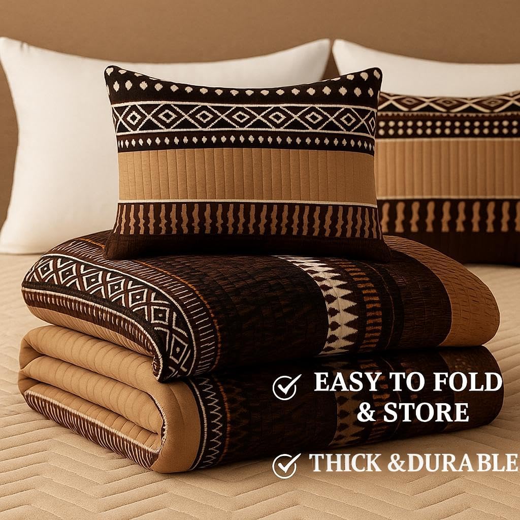 KK-NATURALUCL | 9 Pcs Bedspread Set with Curtains | Includes 1 Bedspread,6 Matching Window Curtains,2 Pillow Shams | Floral,Modern & Boho Styles | Soft, Breathable (Brown Boho(9Pcs), Queen(86 * 87in)