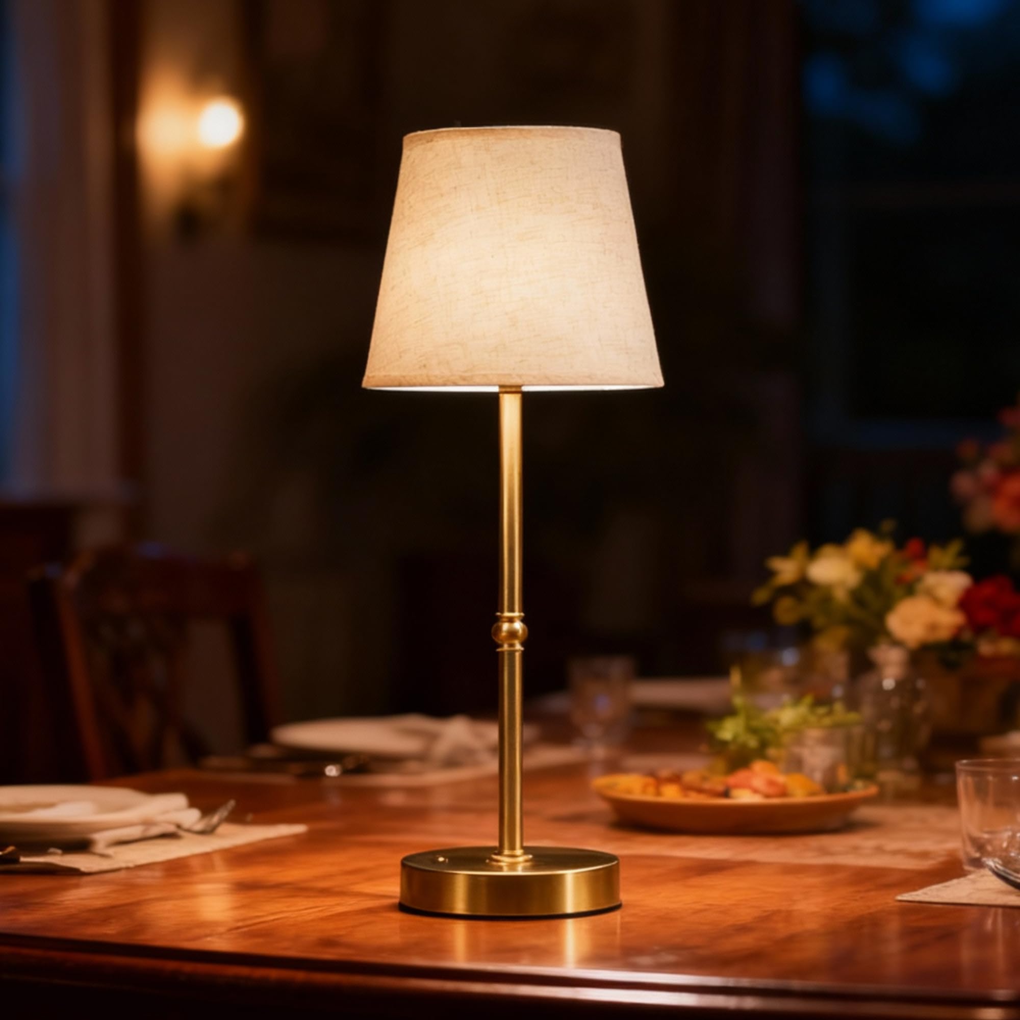Vintage Akku Tischlampe Kabellos, Wiederaufladbare Stoffschirm Tischlampe Gold mit 6000mAh Akku, Stufenlos Dimmbar, Touch-Steuerung, USB-C LED Tischlampe für Schlafzimmer, Wohnzimmer, Esstisch