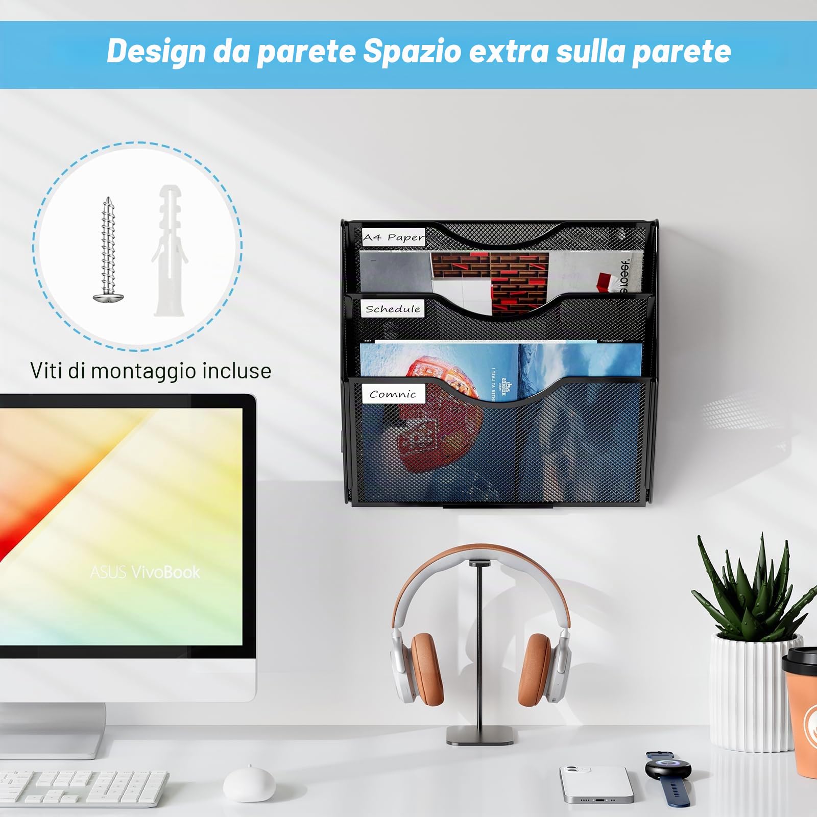 Organizer Documenti da Parete 3 Livelli con Portariviste A4 - Metallo Schedario Ufficio Multifunzione, Portabrochure per Casa e Scuola - Nero