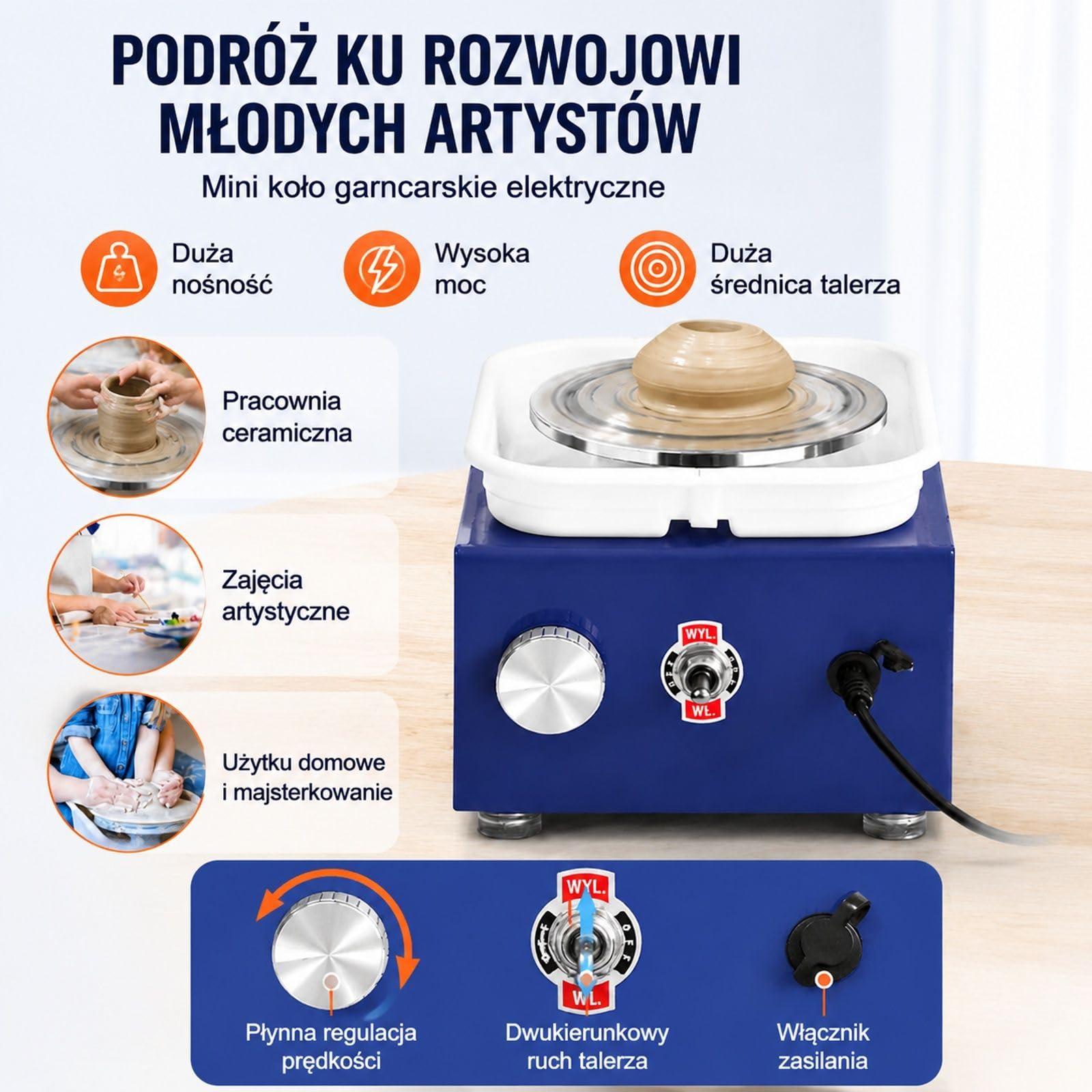 Niebieskie elektryczne koło garncarskie, 30 W 220 V, 0-300 obr/min, obciążenie gliny 1 kg, z fartuchem i zdejmowaną misą do ceramiki