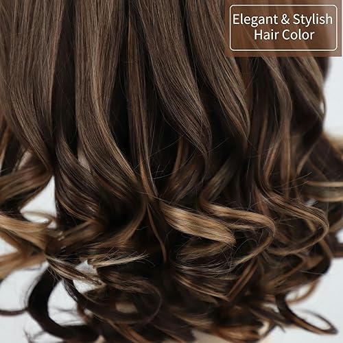 Miniatura 5 de RENERSHOW Pelucas onduladas cortas con reflejos marrones para mujeres blancas, peluca rizada con mezcla de rubio, peluca sintética de repuesto para