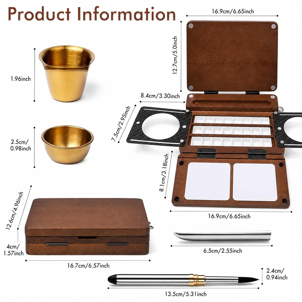 Palette aquarelle 24 puits, bois de noyer, pinceau et tasse
