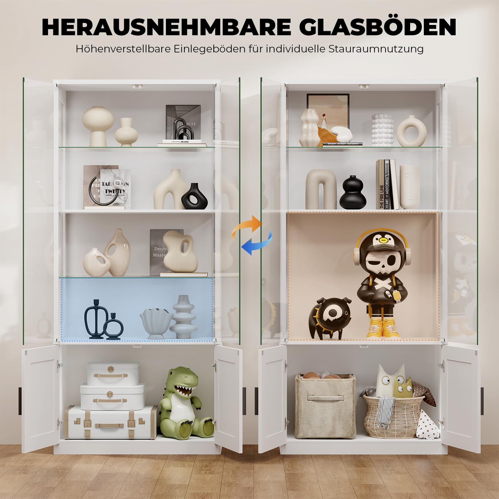 BROTTAR 170 cm Vitrine mit Glastüren, 4-stöckige Vitrine mit 2 herausnehmbaren Glasböden, Vitrine für Sammlerstücke, schwarz, weiß