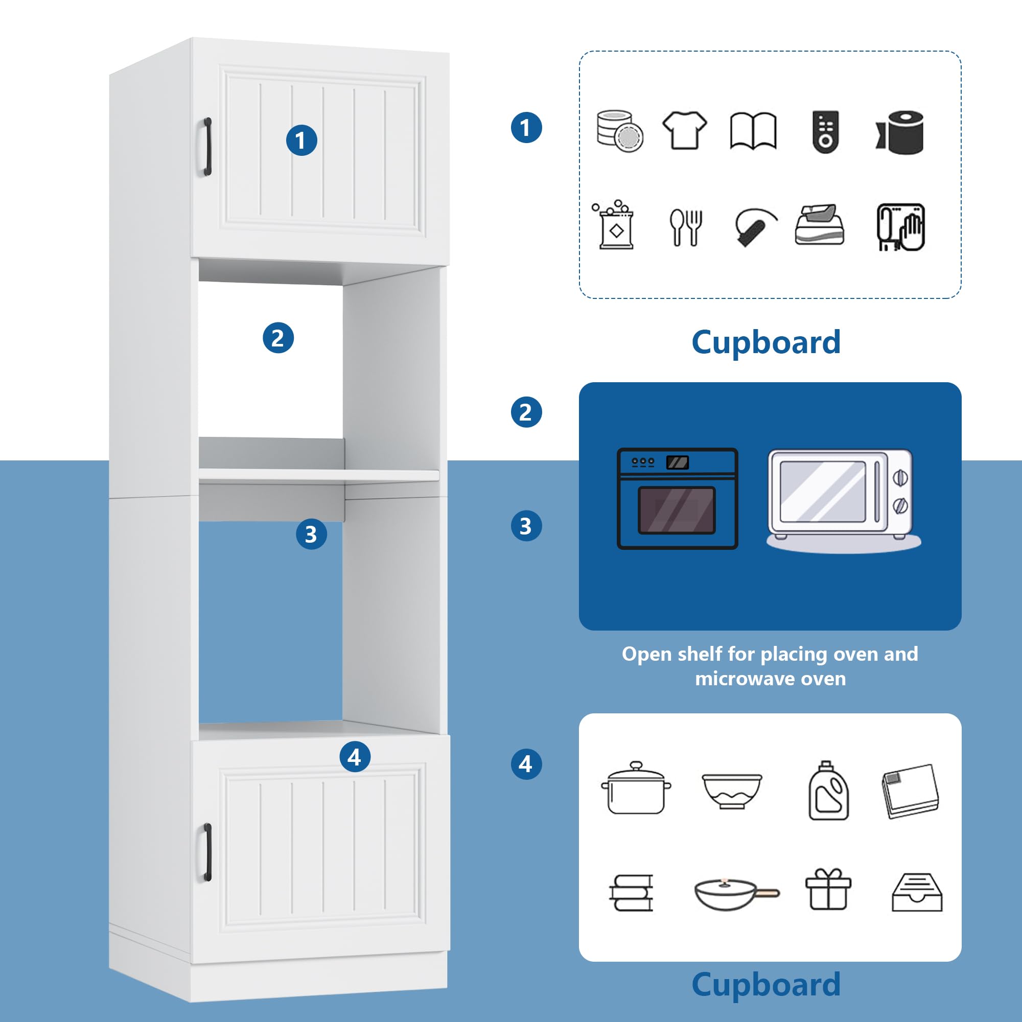 MSFE Armario de Cocina Alto para Microondas y Horno,Armario para Microondas con Mucho Espacio de Almacenamiento 60 * 57.2 * 207 cm,Muebles de Cocina de Madera,Blanco Mate,Enviado en 2 Paquetes