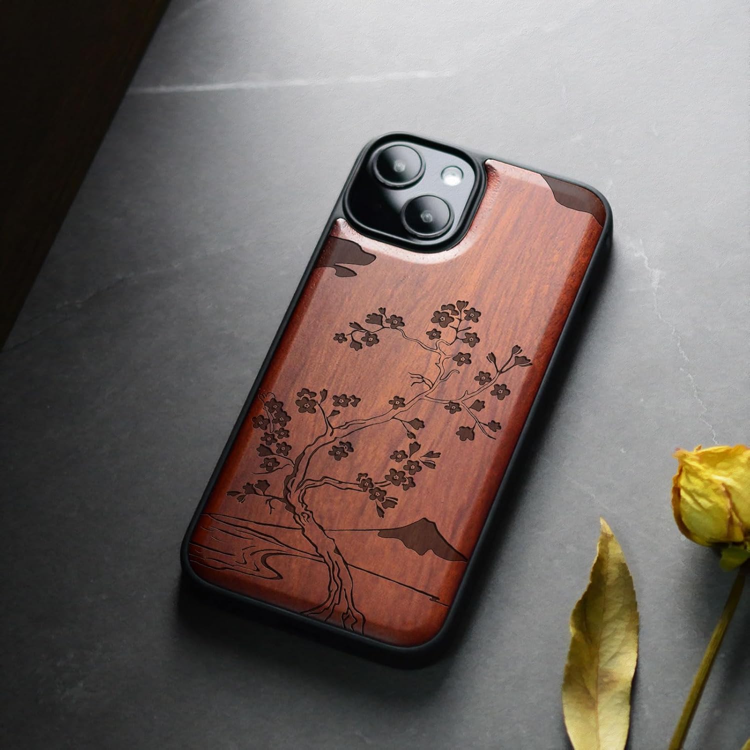 Carveit Magnetic Wooden Case for iPhone 15 Case, Compatible with MagSafe Wireless Chargers, Black Soft TPU Shockproof Cover & Wood Artisan Engraved (Cherry Blossom) - Rosy