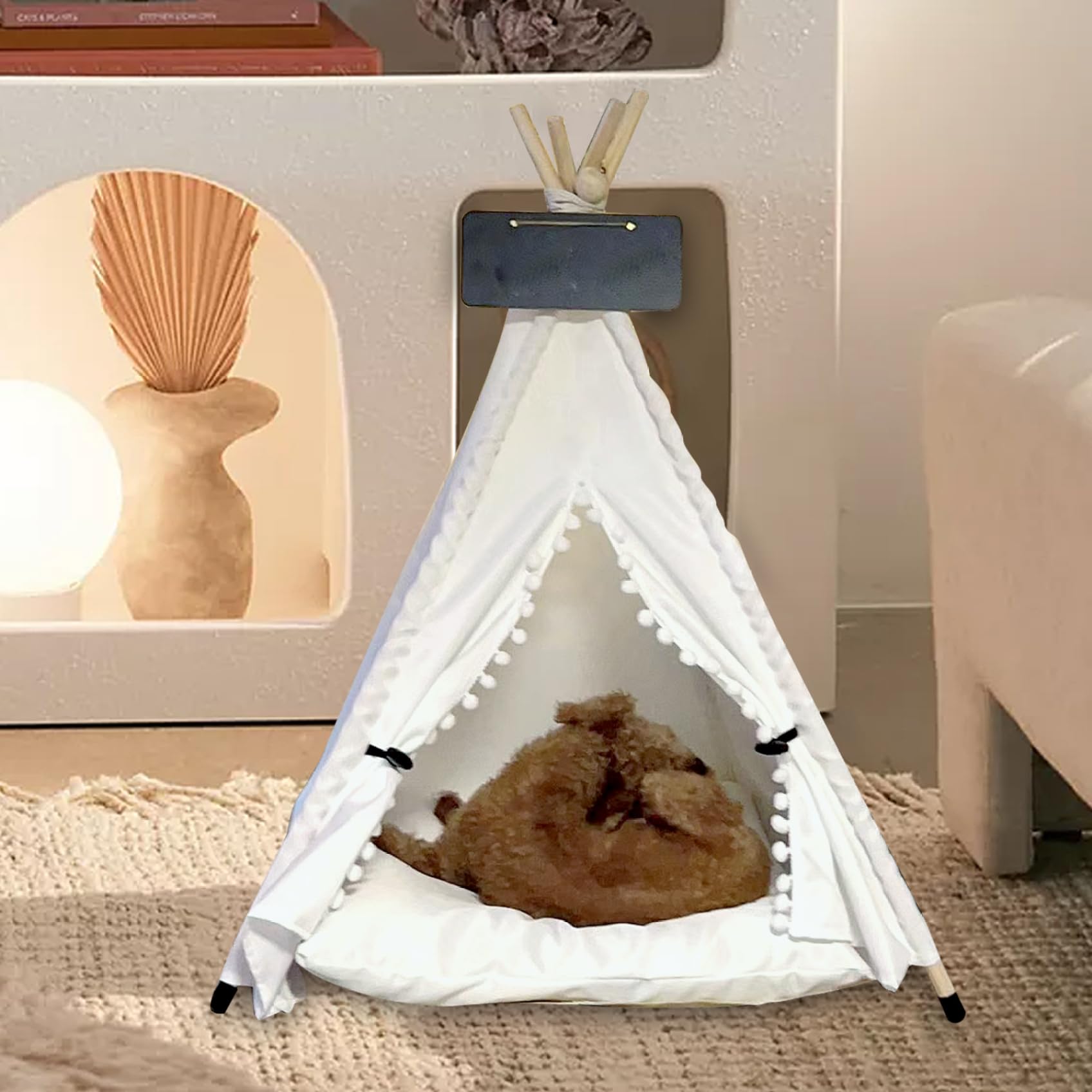 Haustierzelt halbgeschlossen geräumig Hundezelt gepolstert rutschfest für Katzen mit sicherem Mini-Katzen-Tipi zum Entspannen Schlafen Heimtierbedarf S