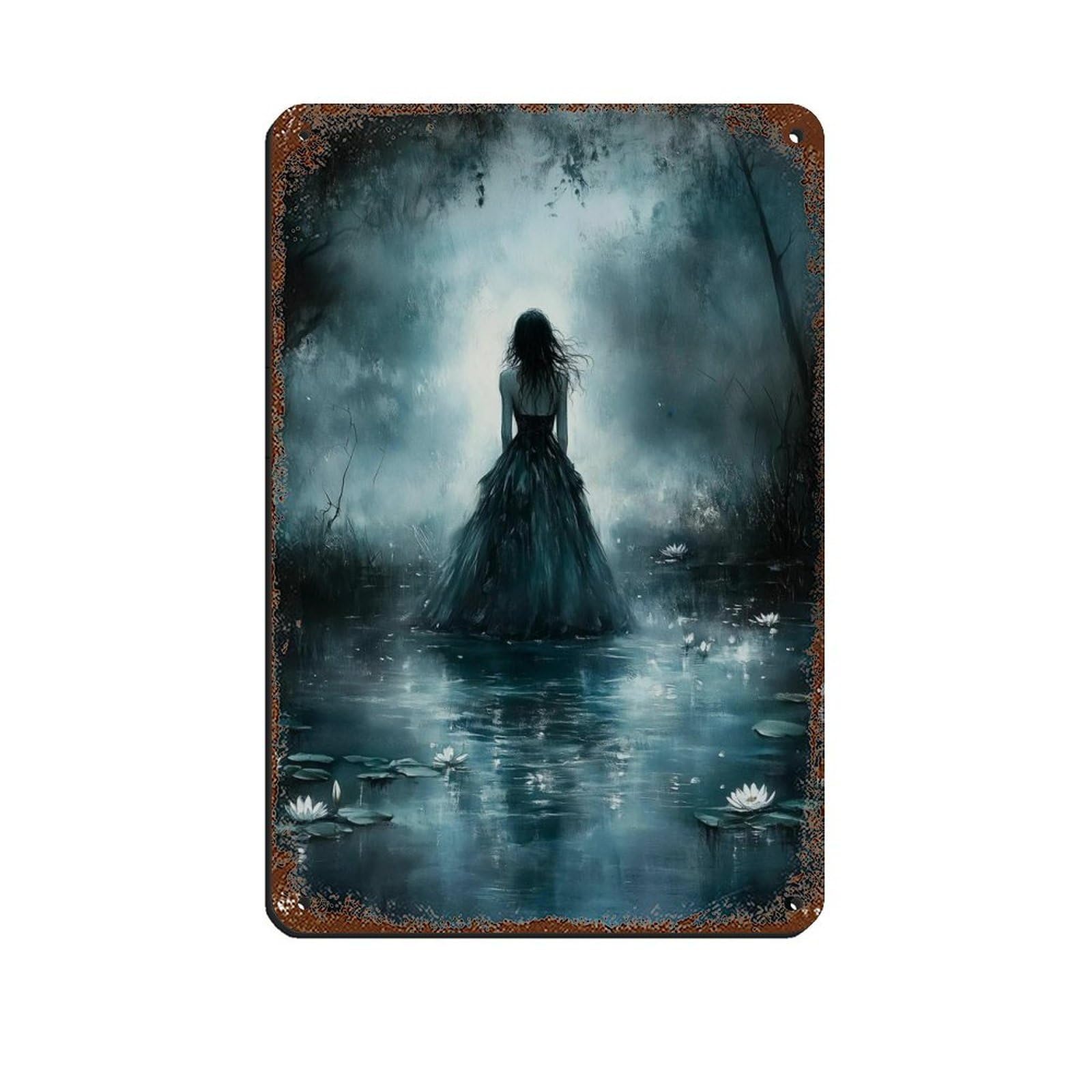 Woman Walking Into The Lake Dark Academia Tin Sign Vintage Metal Pub Club Cafe Bar Home Wall Art Decoration Poster Retro 8x12inch(20x30cm)