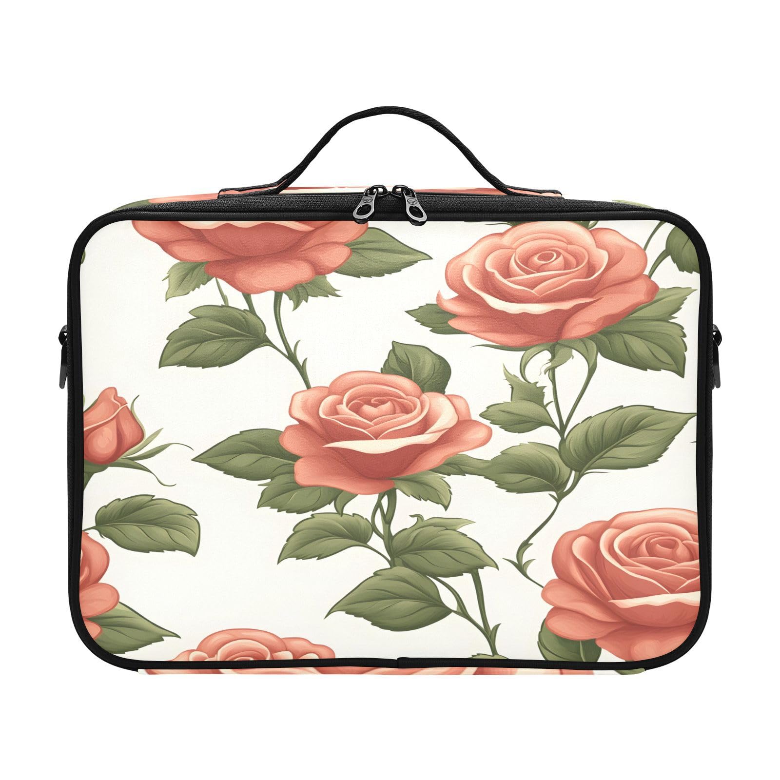 zyrtty Travel Makeup Train Case Red Flower Coral Green Leaves Cosmetic Organizer Portable Storage Bag with Adjustable Dividers for Cosmetics Brushes Toiletry Jewelry Digital Accessories