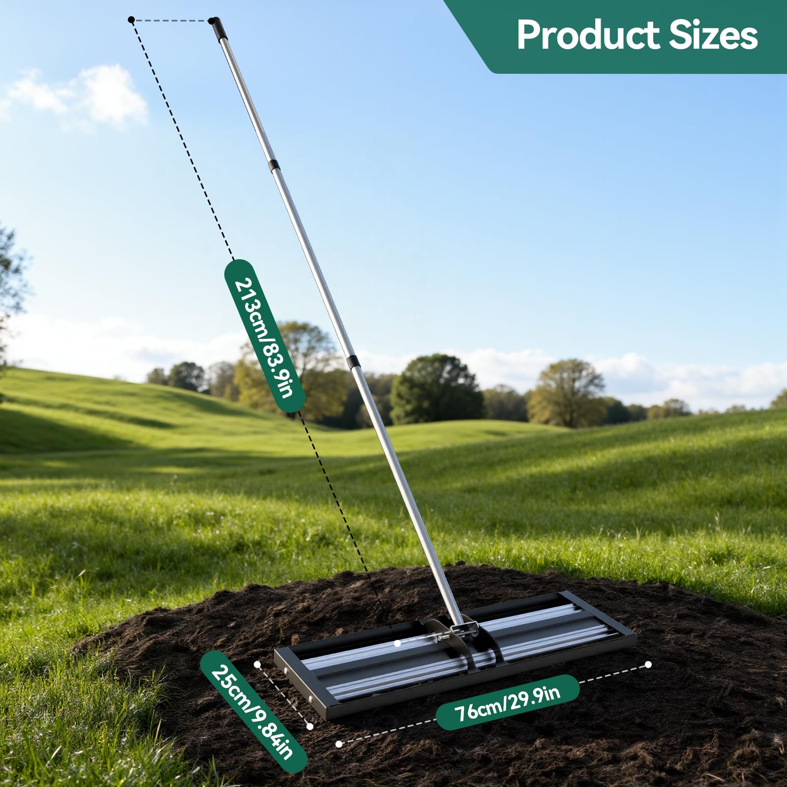 Warmiehomy Rastrillo nivelador de césped de 76 x 25 cm, nivelador de césped para jardinería con mango ajustable de 213 cm y barra rodante, rastrillo nivelador de césped resistente para suelo, césped