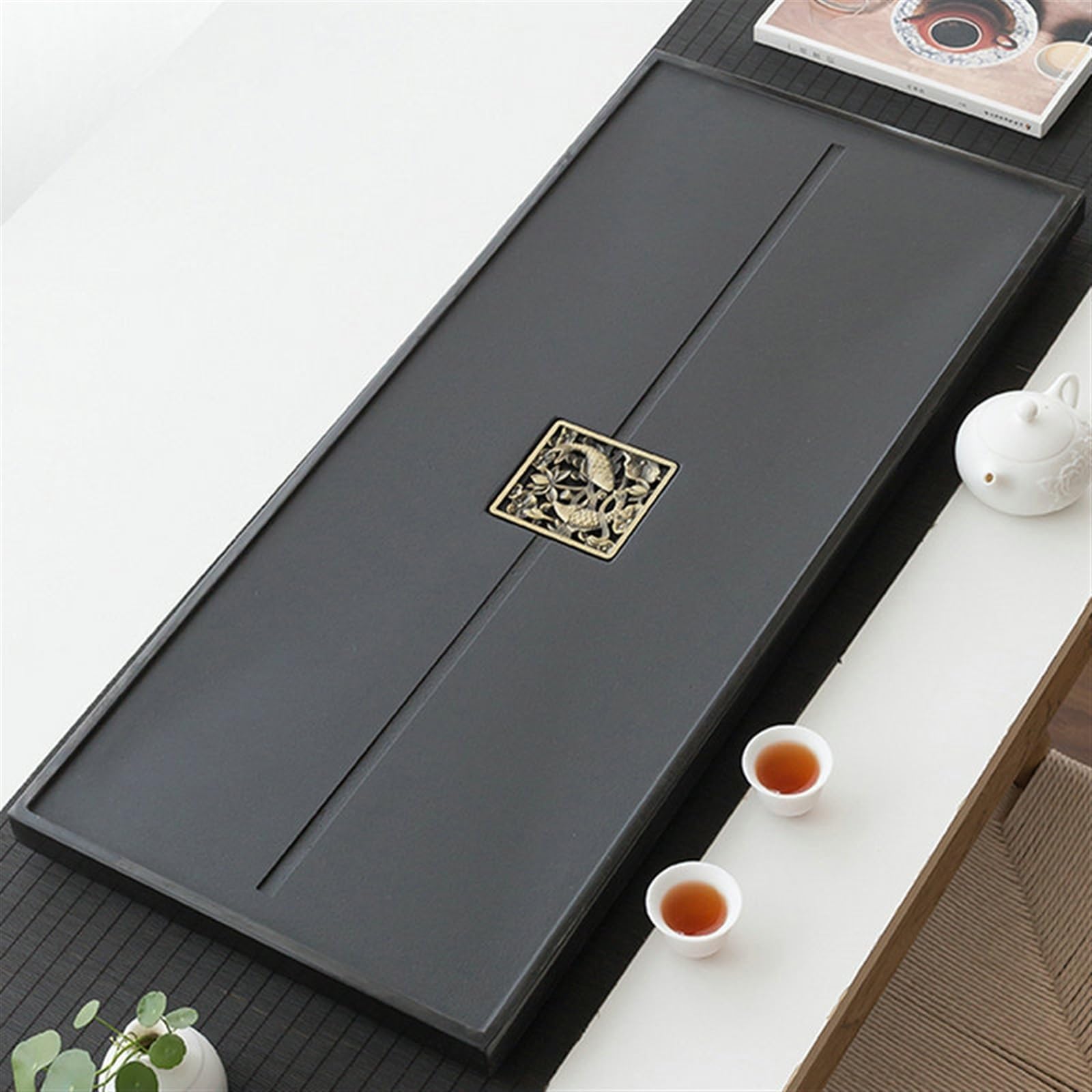 Bandeja de té Sencilla, Juego de té, Bandeja de té de ebonita Natural, Juego de té de Kung fu Grande, Moderno y Sencillo, Drenaje de té de mar (70 x 35 x 3 cm)