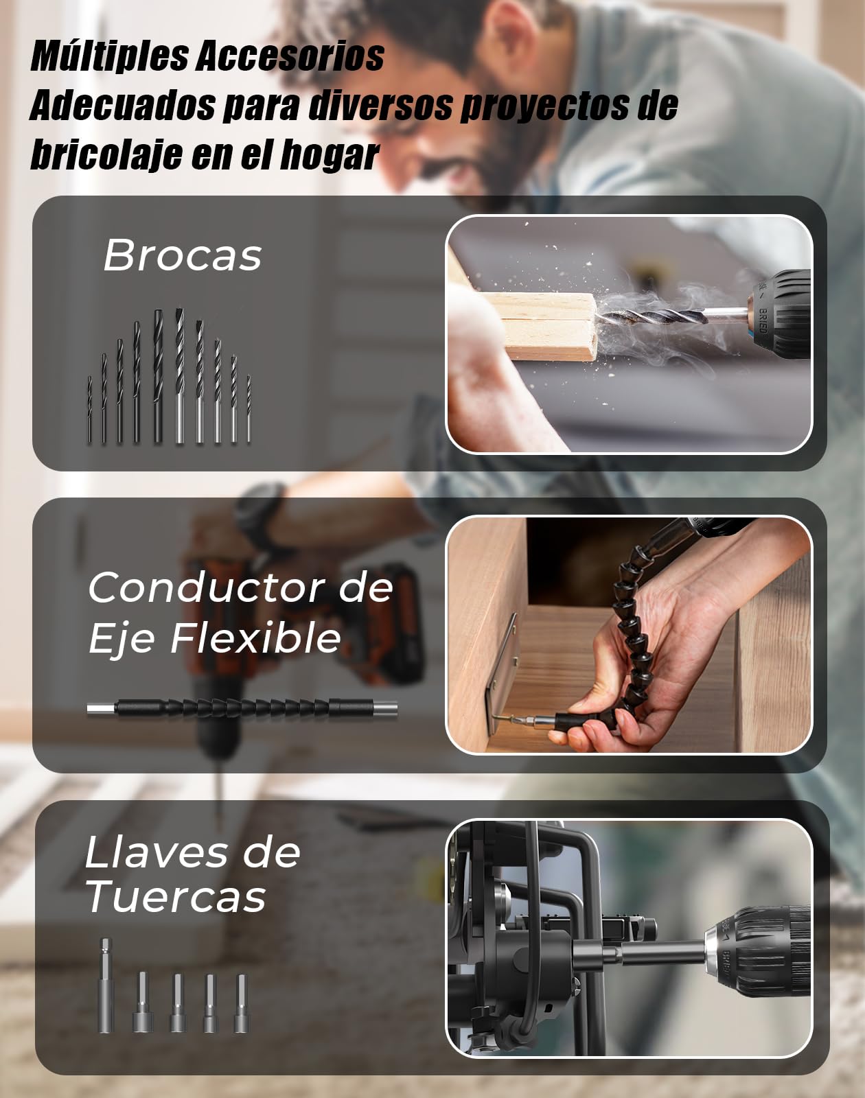 Taladro Atornillador Inalámbrico 20V, Taladro Atornillador Bateria 42Nm con 25+1 Ajustes de Torque, Luz LED, Kit 56 Piezas, Destornillador Eléctrico para Bricolaje en Casa y Jardín, Gris