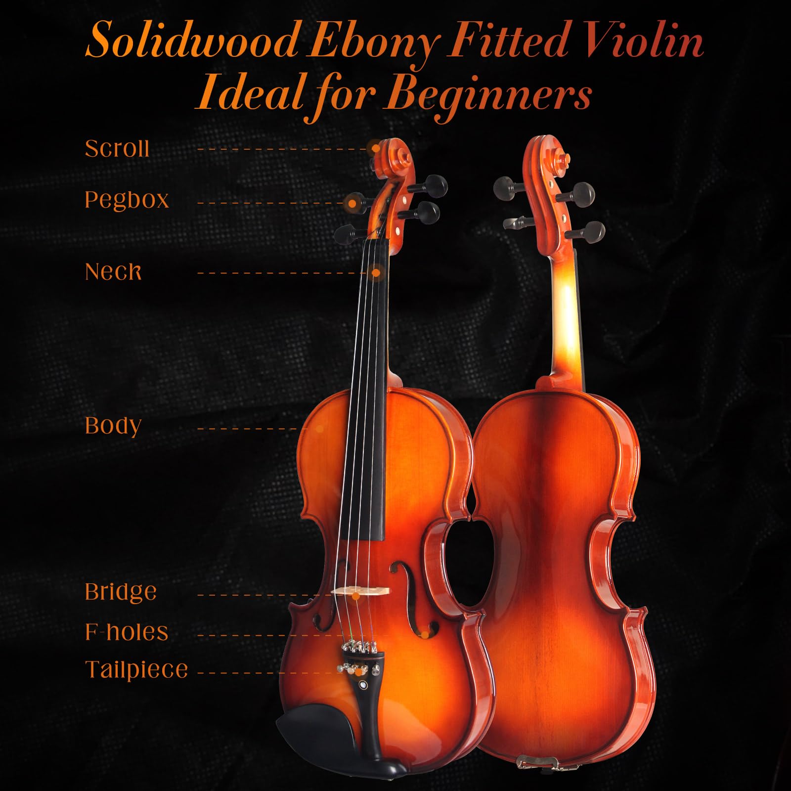 Violín para principiantes, violín de madera maciza de ébano con cuerdas, kit de violines principiantes para estudiantes con estuche duro, colofonia, arco, instrumentos musicales de cuerda,