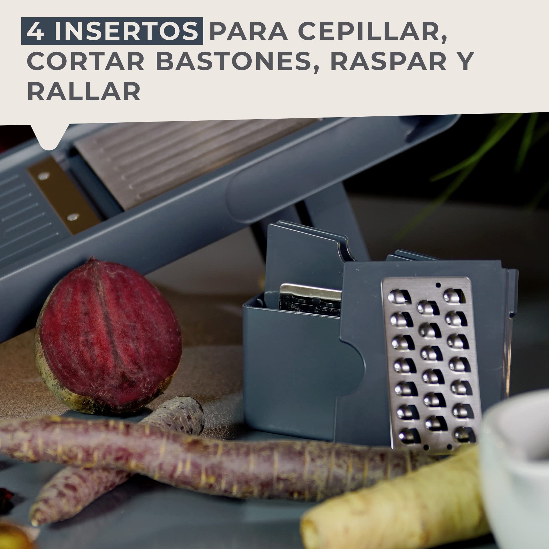 FACKELMANN Mandolina de Cocina Regulable Profesional con salvadedos en plástico y acero inoxidable de admirables calidades, azul e inox, 6ud.