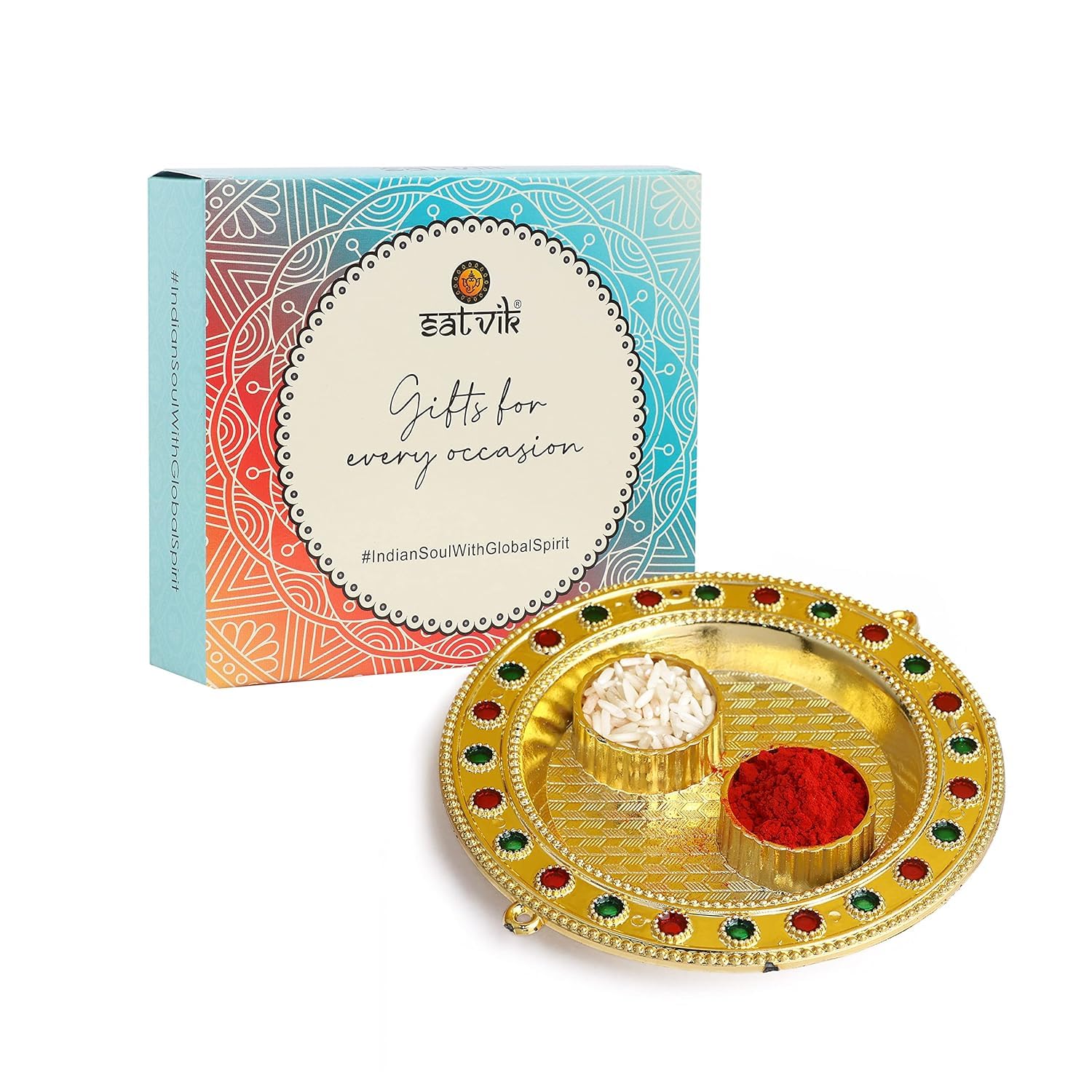 SATVIK 1 Pc Golden Decorative Designer Roli Chawal/Rice Holder, Kumkum Haldi Holder with Lid Rakhi Pooja Kankavati Thali Indian Festival Diwali Pujan Mandir Tika Roli Plate Housewarming Gifts Items