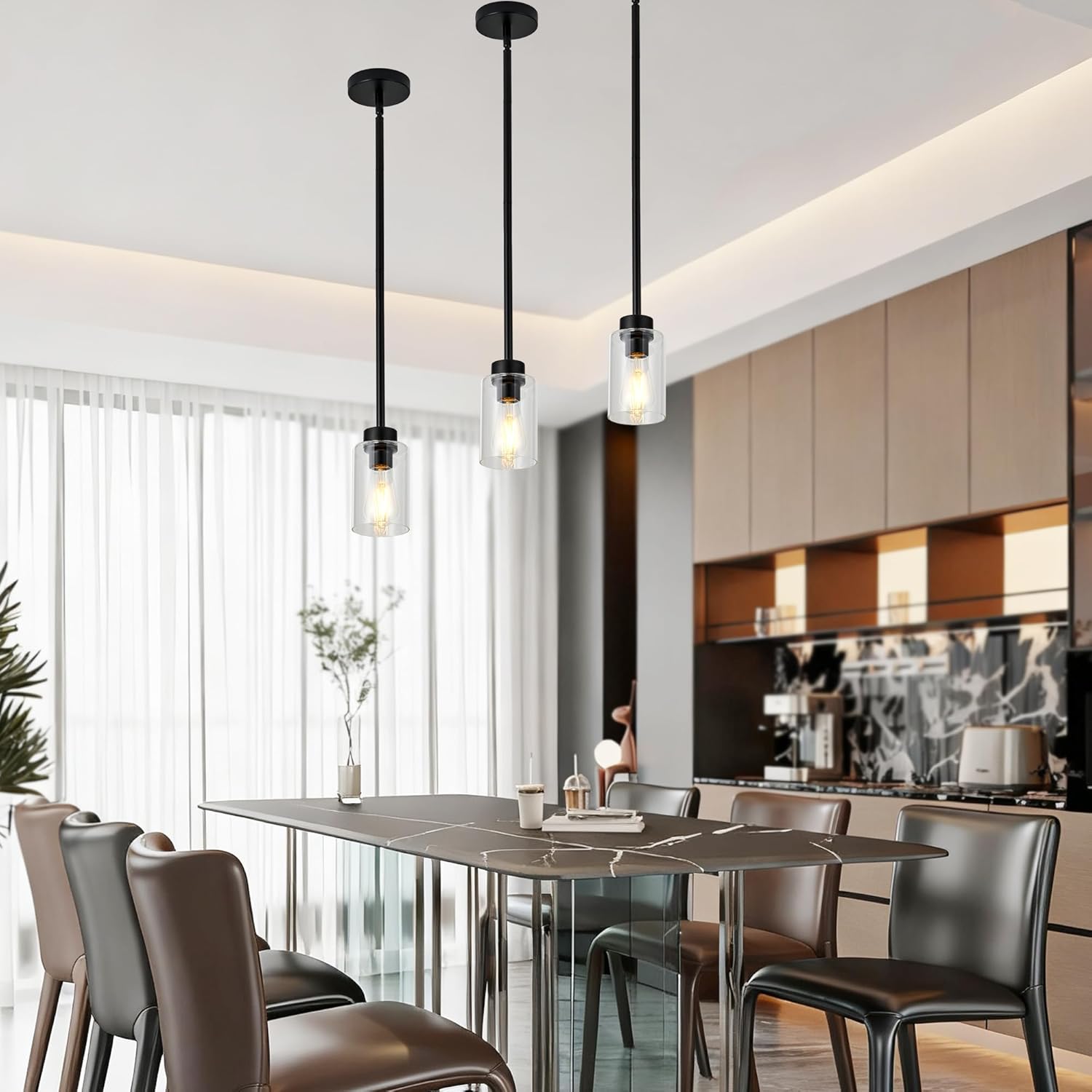 2 Pack Modern Black Farmhouse Clear Glass Cylinder,Black Pendant Lights Kitchen Island for Kitchen Light Fixtures