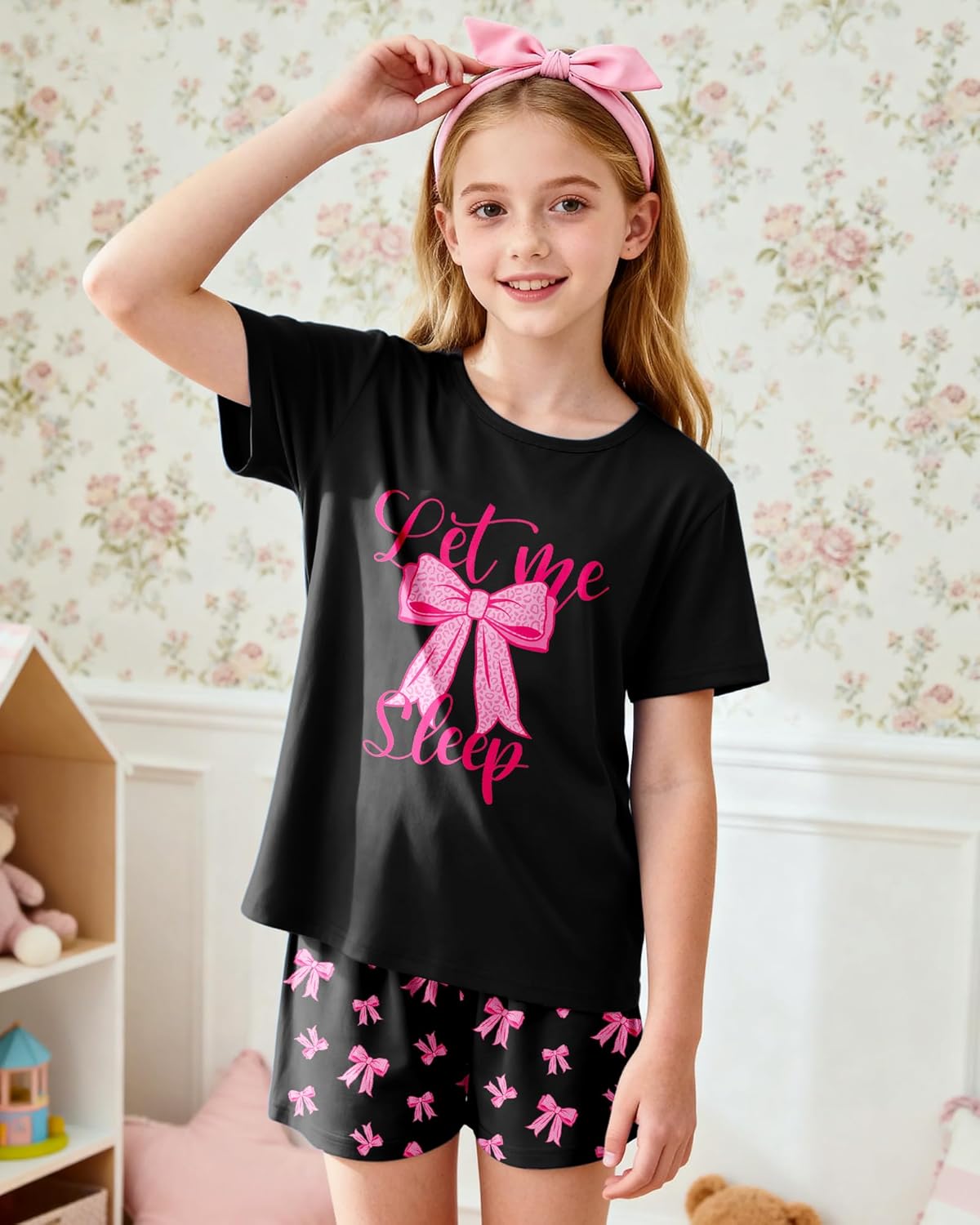 Sylfairy Girls Pajamas Sets Short Sleeve Summer Pjs for Girls Bow Sleepwear Kids Clothes Sets Size 3-16 - Image 2