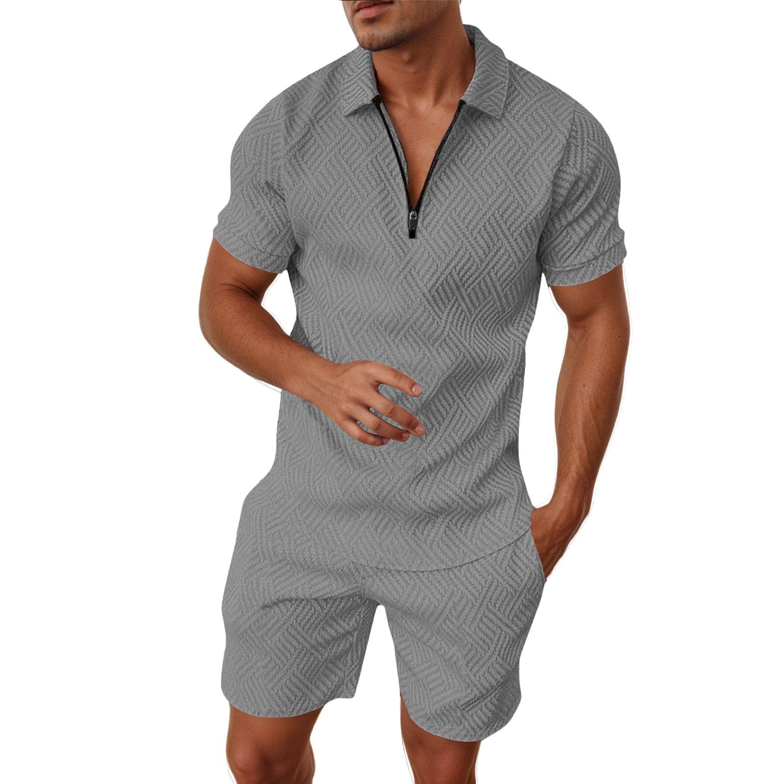 Homme Survêtement de Sport T-Shirt à Manches Courtes Fermeture éclair et Short Ensemble Homme Ensemble Sets Ete Tenues Survêtement Costumes Plage Vacances 2 Pcs