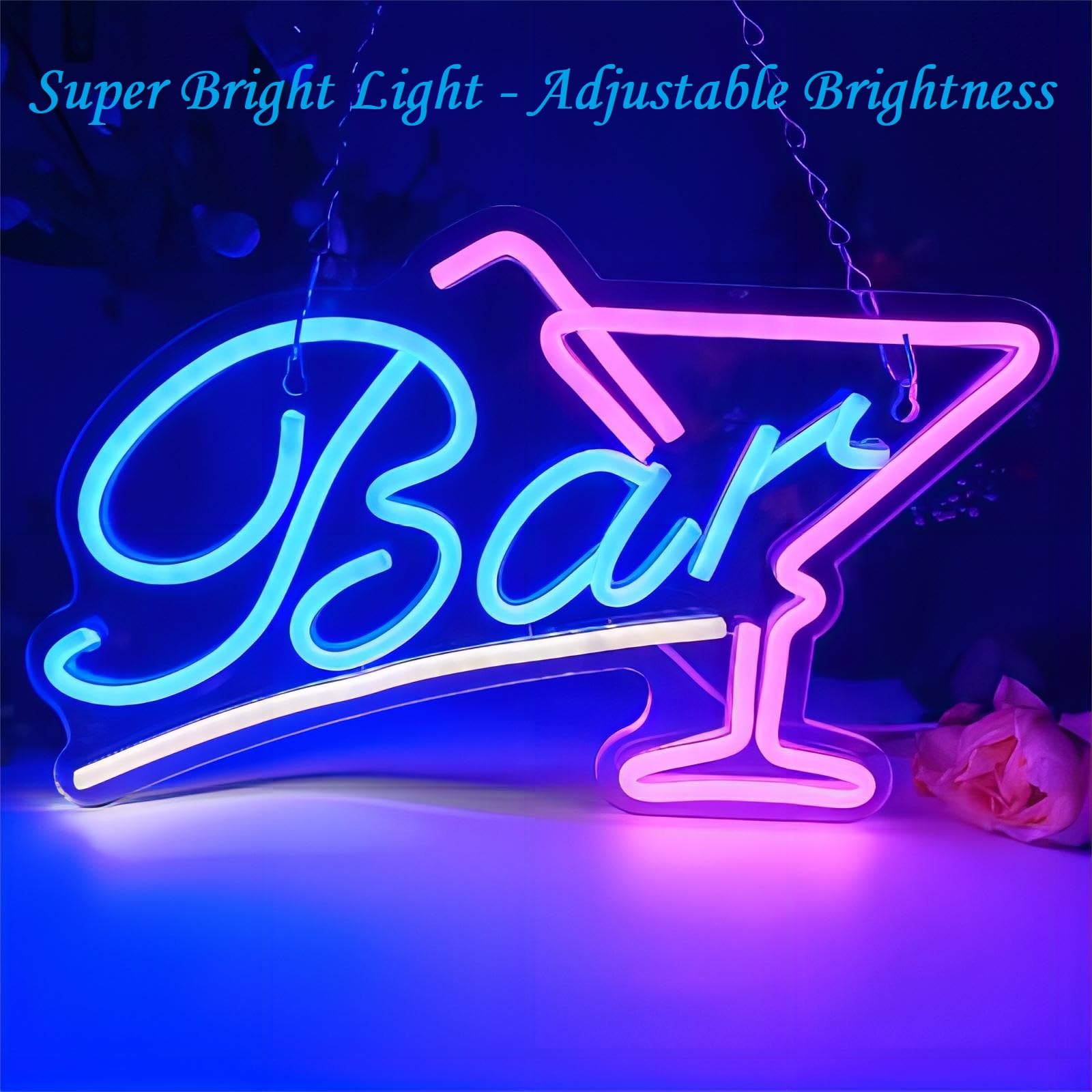 Insegna Neon Bar LED, Panel Acrílico 38x23cm con Cadena y Gancho Adhesivo, USB Luci Con Ajuste de Brillo, Decoración de pared Bar Pub Club Restaurante Hogar
