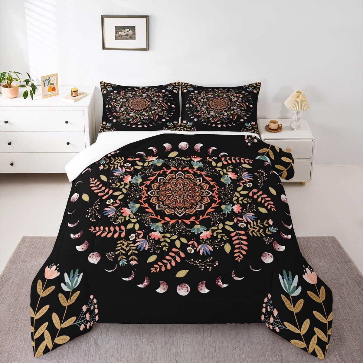 Sun and Moon Kids Comforter Set Queen Size,Mandala Flowers Leaves Boho Exotic Bedding Set,Boys Girls Adults Room Decor,Starry Sky Datura Trippy Down Comforter,Colorful Duvet Insert,2 Pillowcases