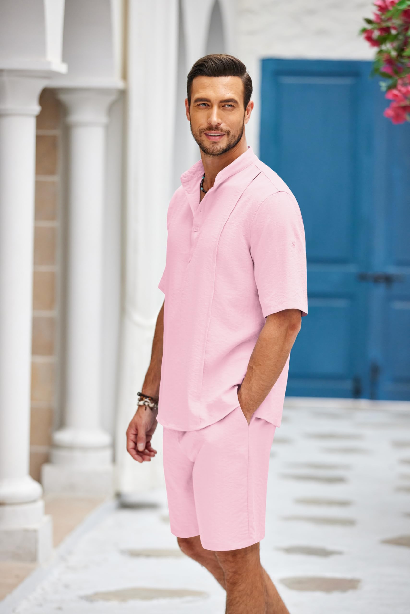 COOFANDY Set da uomo in lino da 2 pezzi, camicia Henley a maniche corte e pantaloncini, estivo, da spiaggia, yoga, abiti abbinati