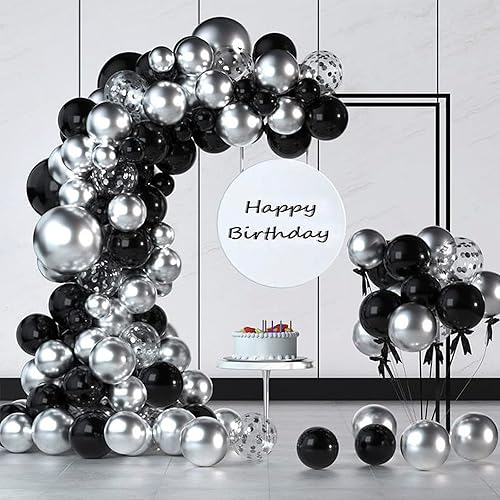 Felice Arts Kit de arco de guirnalda de globos negros y plateados con globos de confeti de látex, globos de estrella de explosión plateada para