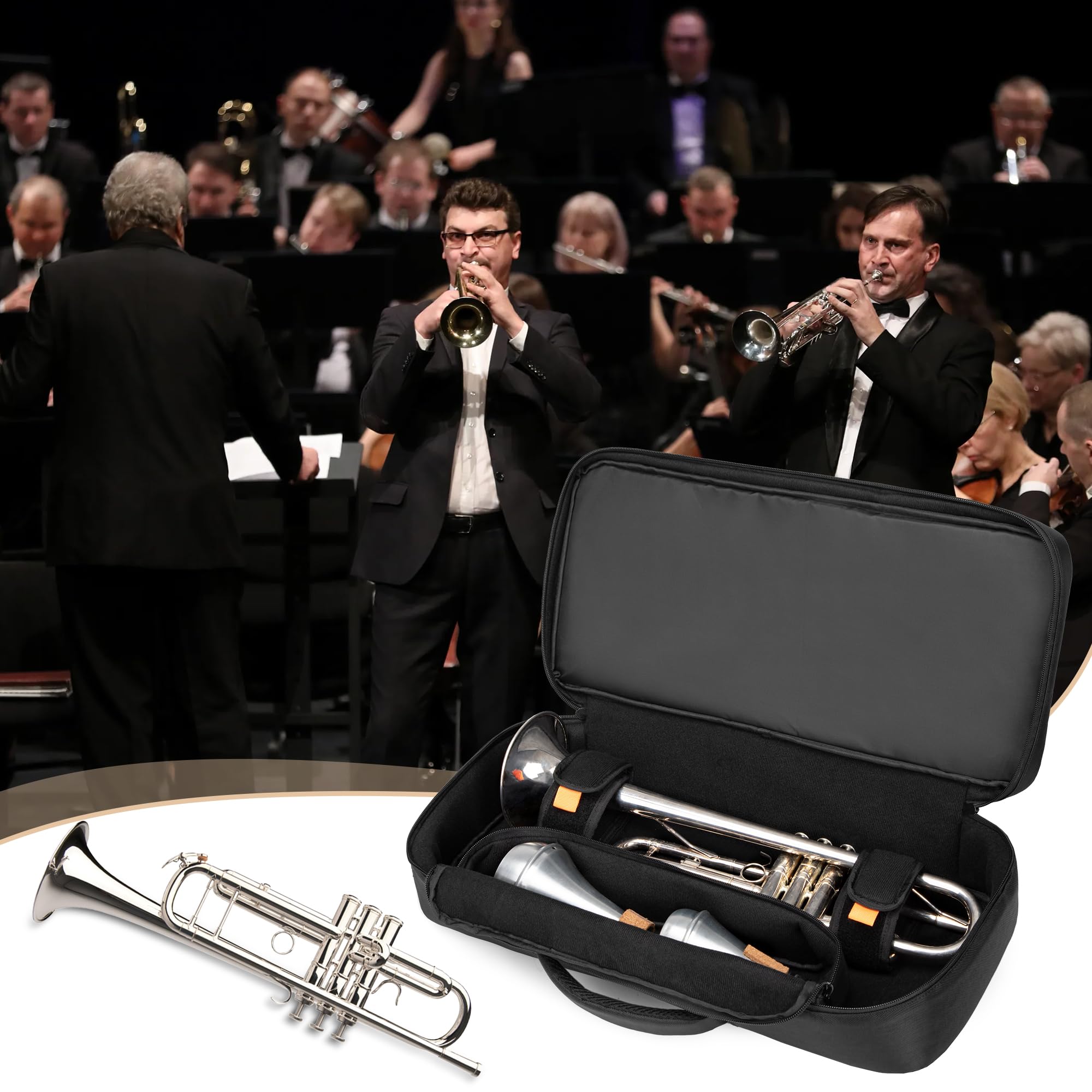 LoDrid Mochila de Almacenamiento para Trompeta, Estuche de Transporte para Instrumentos Musicales con Forro de Algodón Grueso, Bolsillo Separado para 2 Sordines, 2 Formas de Transporte, Negro