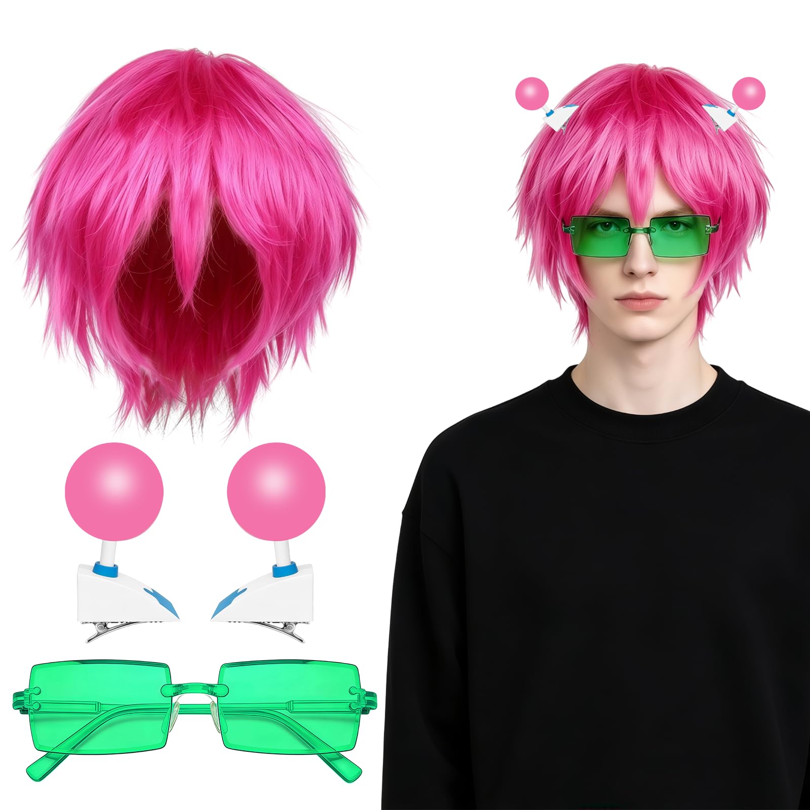 NAUZE 3 Pcs Anime Costumes Pink Cosplay Wigs and Glasses + Hair Clips Cosplay Anime Headwear Accessories Props for Anime Halloween Costume Party