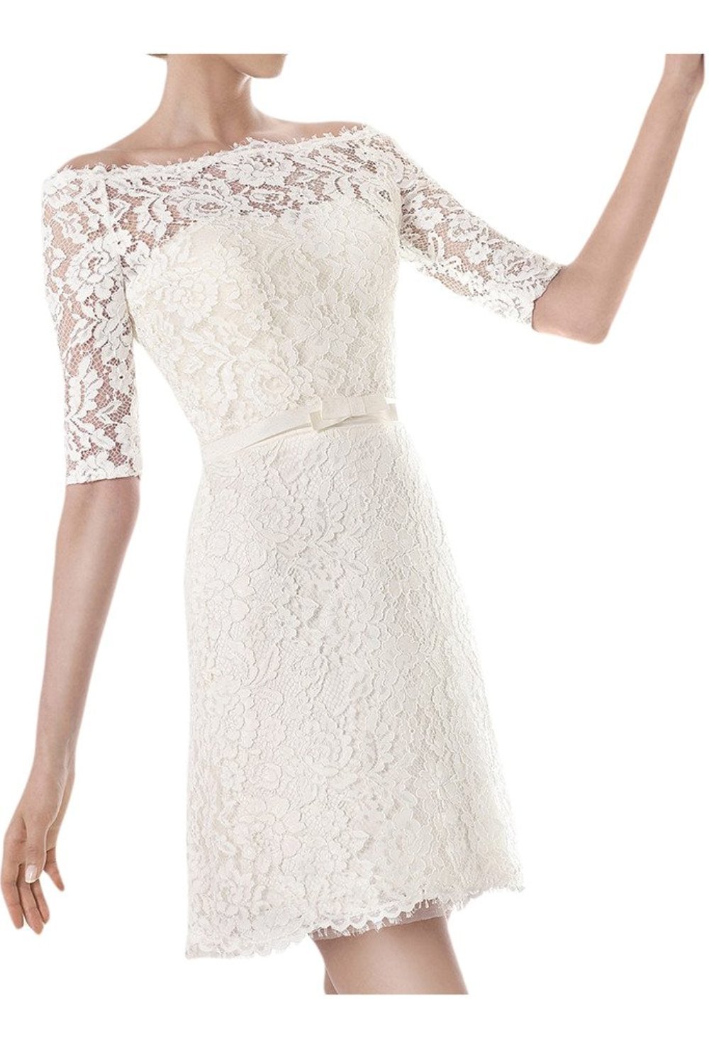 Vestido de Novia Corto Vestido de Noche Femenino Encaje Vestido de Manga Corta con Funda, Blanco, 36