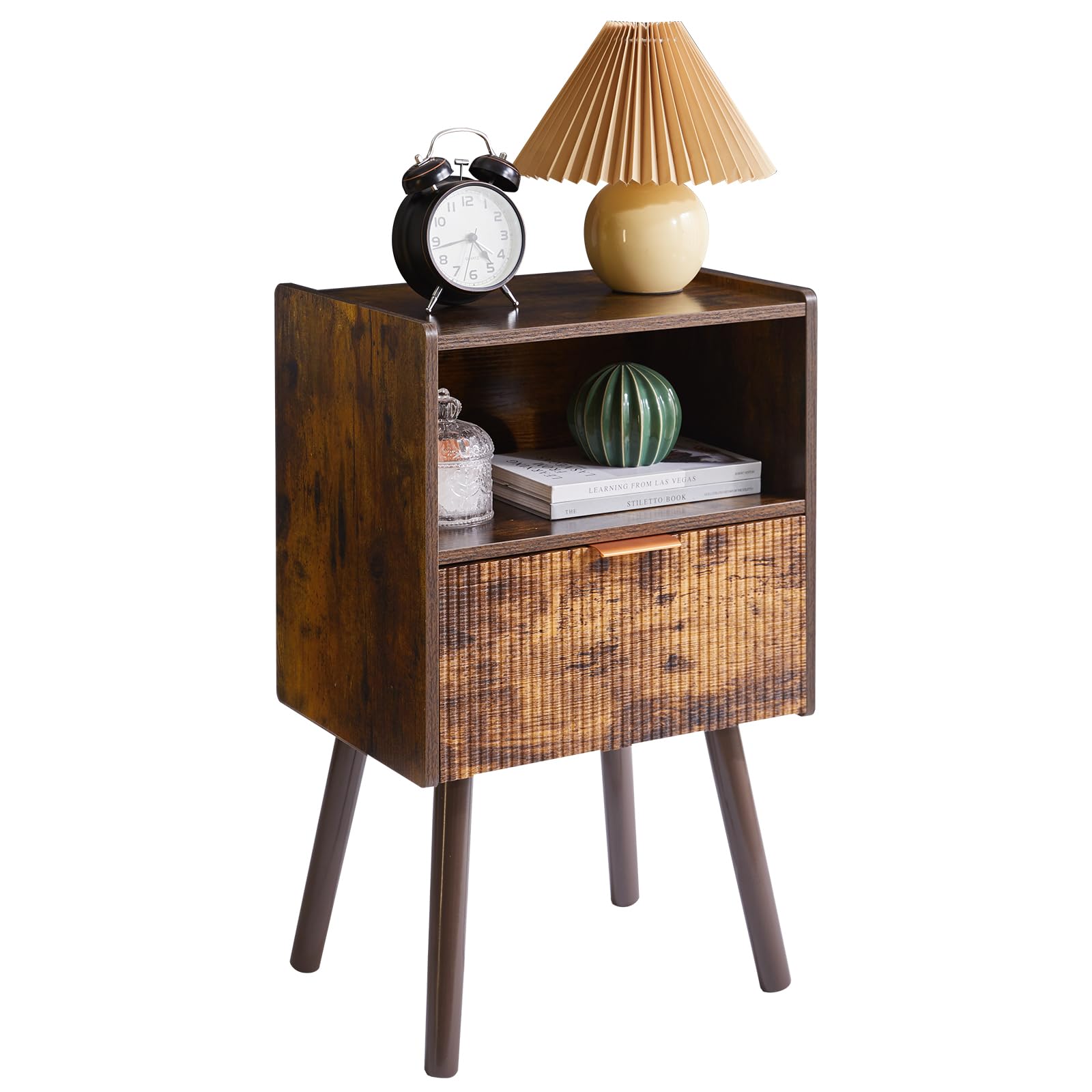 Aibiju Mesita de Noche Moderna con Cajón, Mesa Auxiliar Pequeña para Dormitorio, Mesita de Noche de Mediados de Siglo con Estante Abierto, Marrón Rústico YD-TM061H1